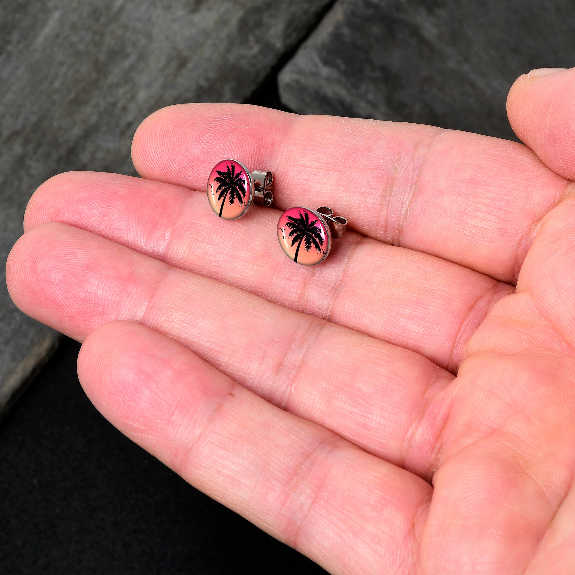 Red Sunset Palm Tree Stud Earrings