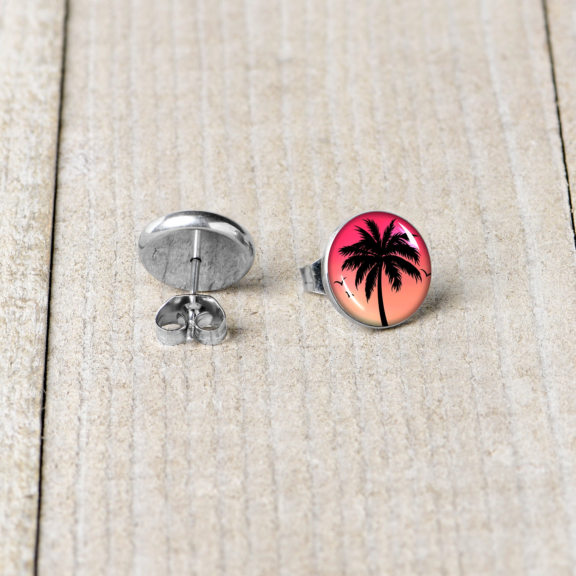 Red Sunset Palm Tree Stud Earrings