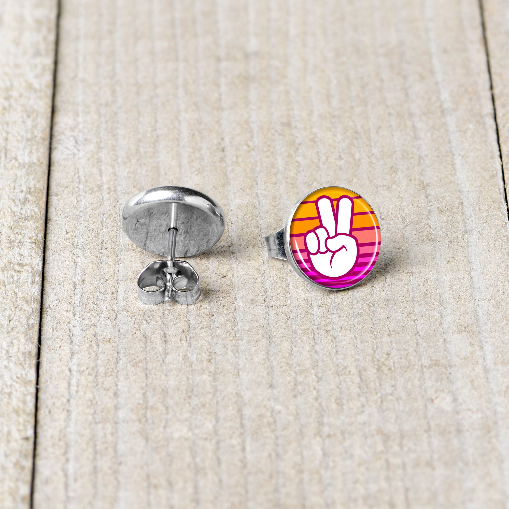 Retro Stripes Peace Sign Fingers Stud Earrings