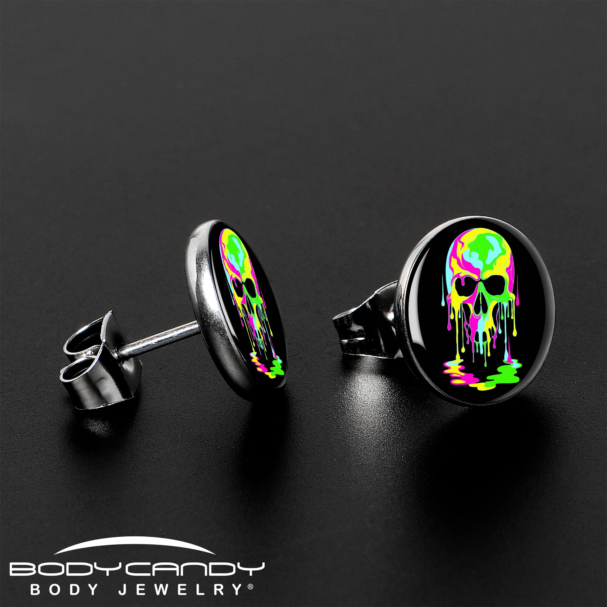 Ultra Bright Melting Skull Stud Earrings