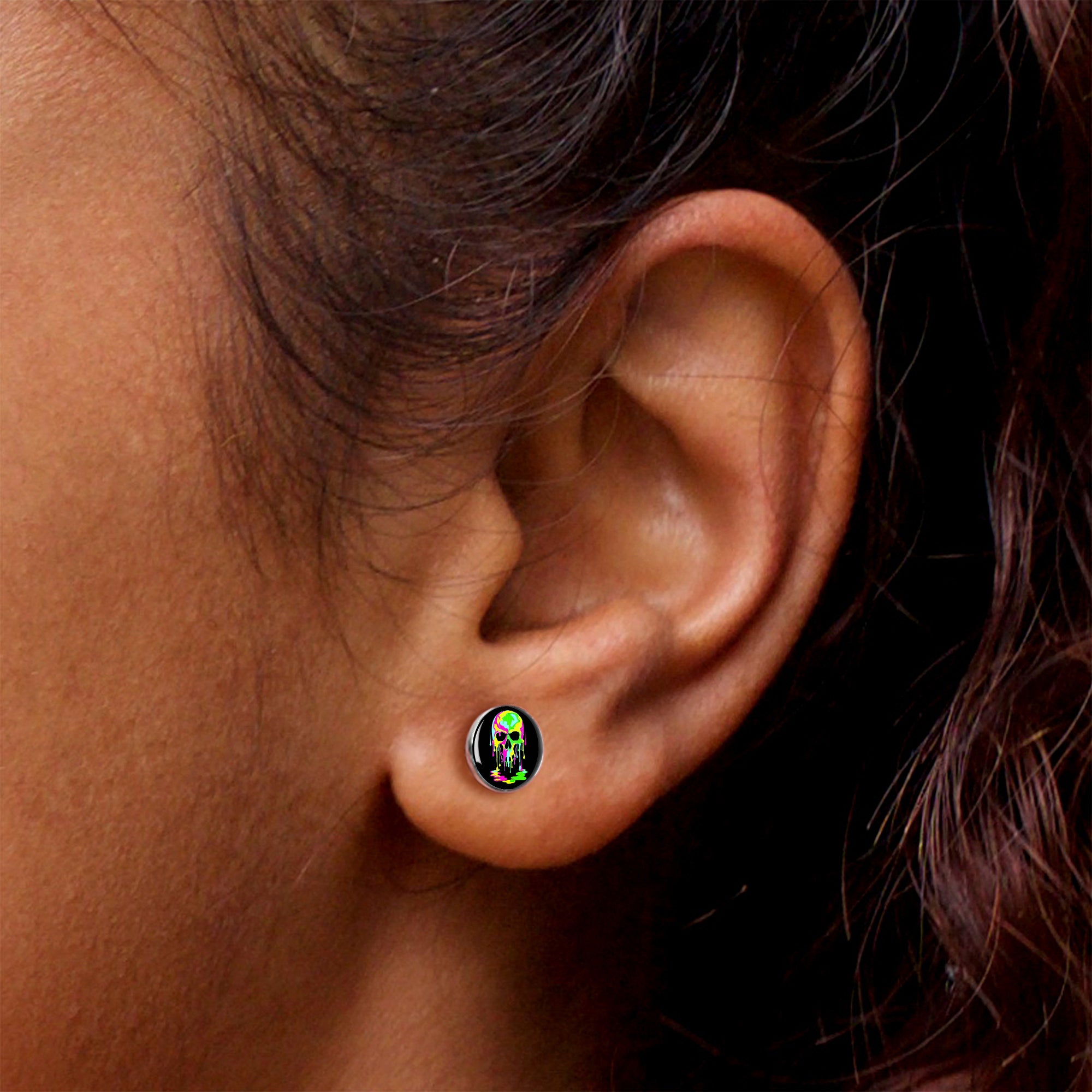 Ultra Bright Melting Skull Stud Earrings