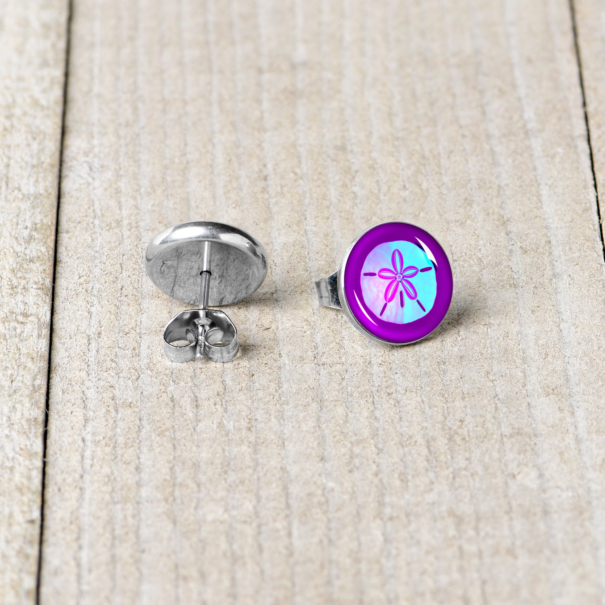 Purple Nautical Sand Dollar Stud Earrings