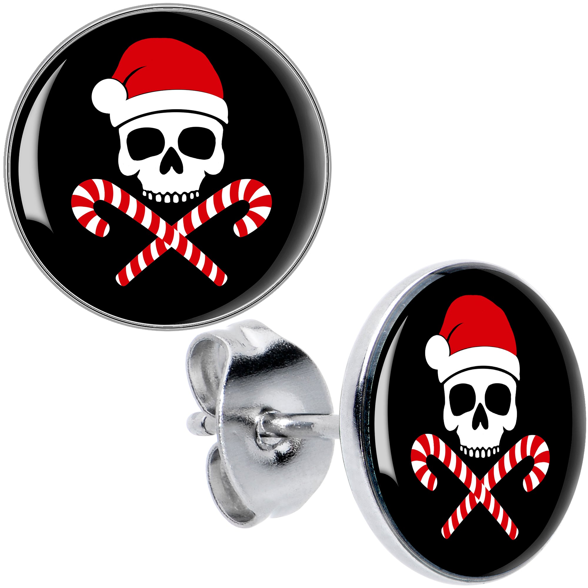 Santa Pirate Candy Cane Skull Stud Earrings