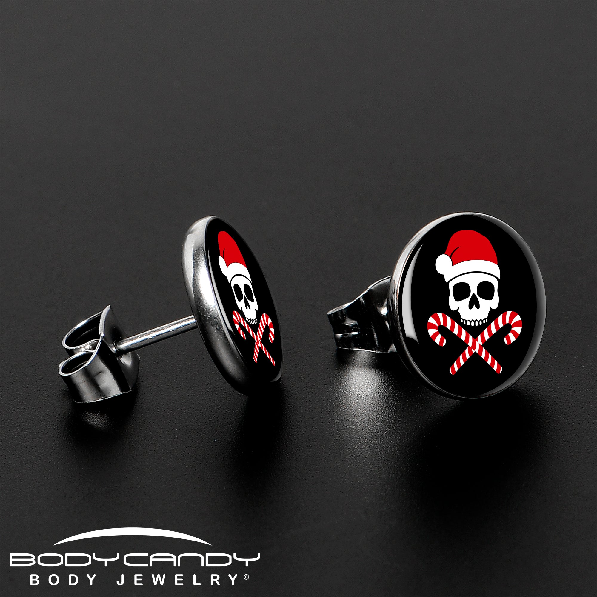 Santa Pirate Candy Cane Skull Stud Earrings