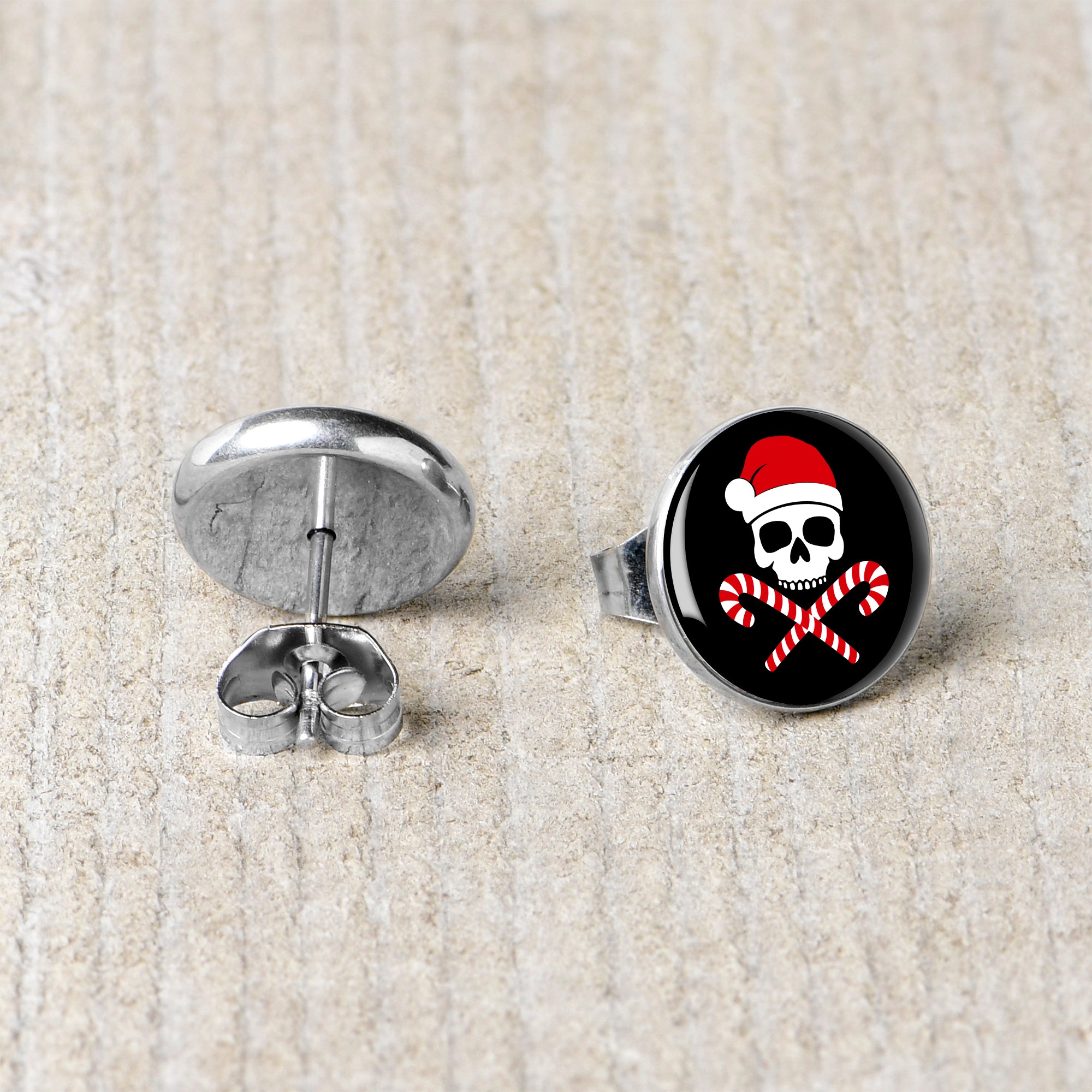 Santa Pirate Candy Cane Skull Stud Earrings