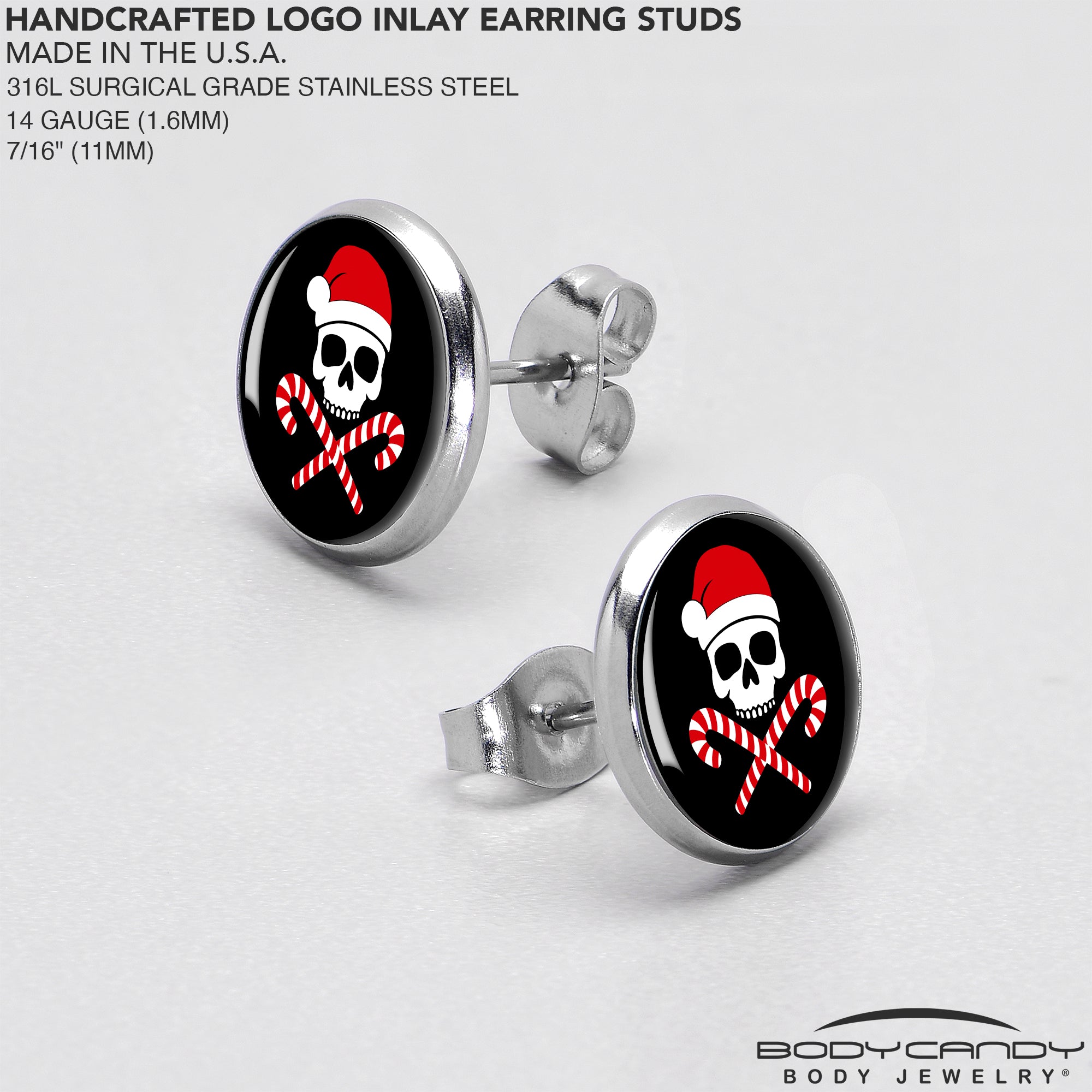 Santa Pirate Candy Cane Skull Stud Earrings