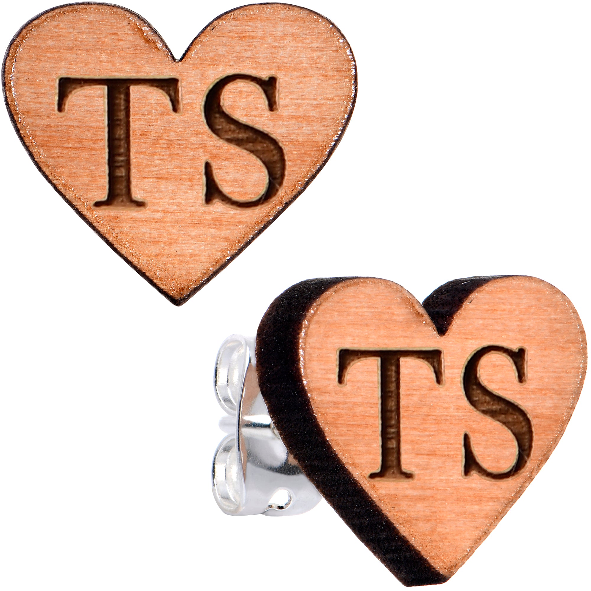 Custom No 1 Earrings Wood Initial Heart Personalized Stud Earrings