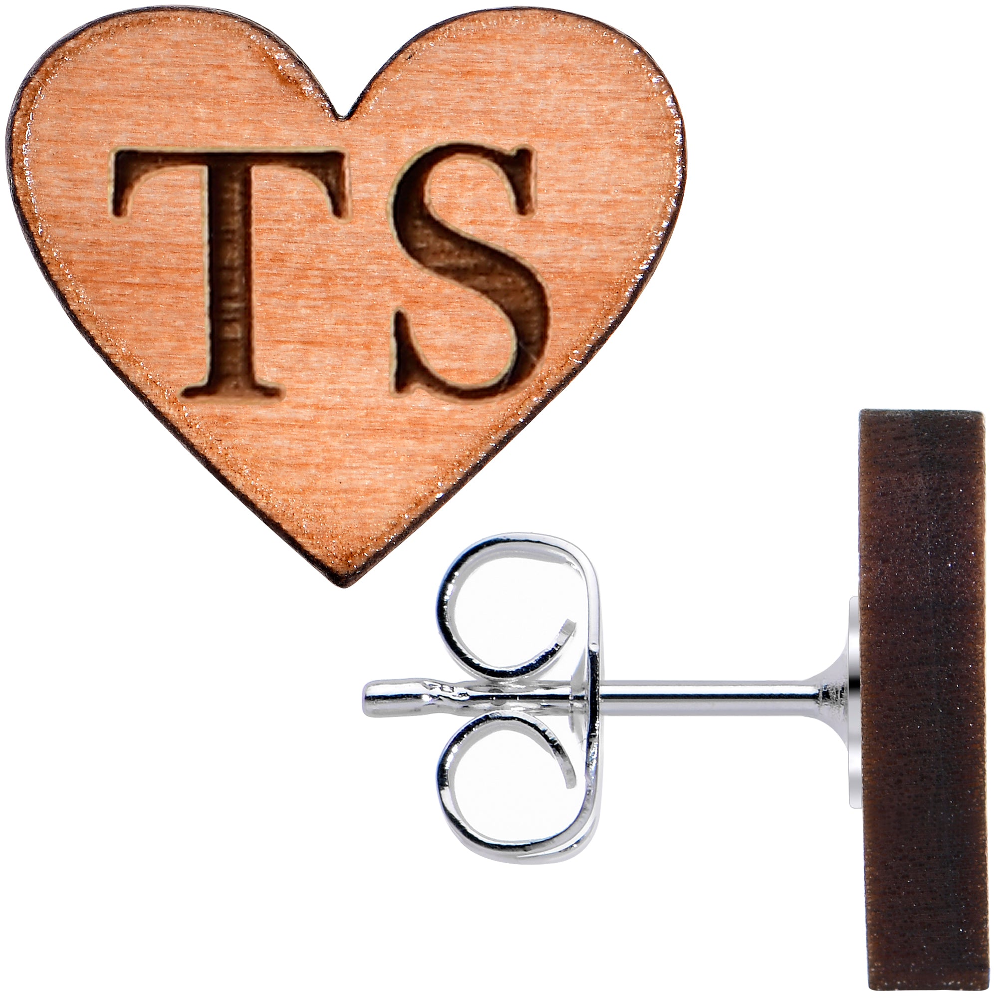 Custom No 1 Earrings Wood Initial Heart Personalized Stud Earrings