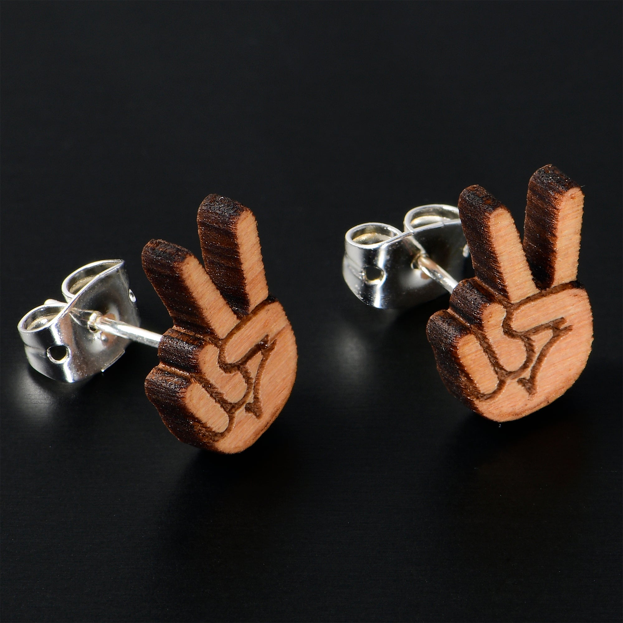 Natural Maple Wood Peace Sign Fingers Stud Earrings