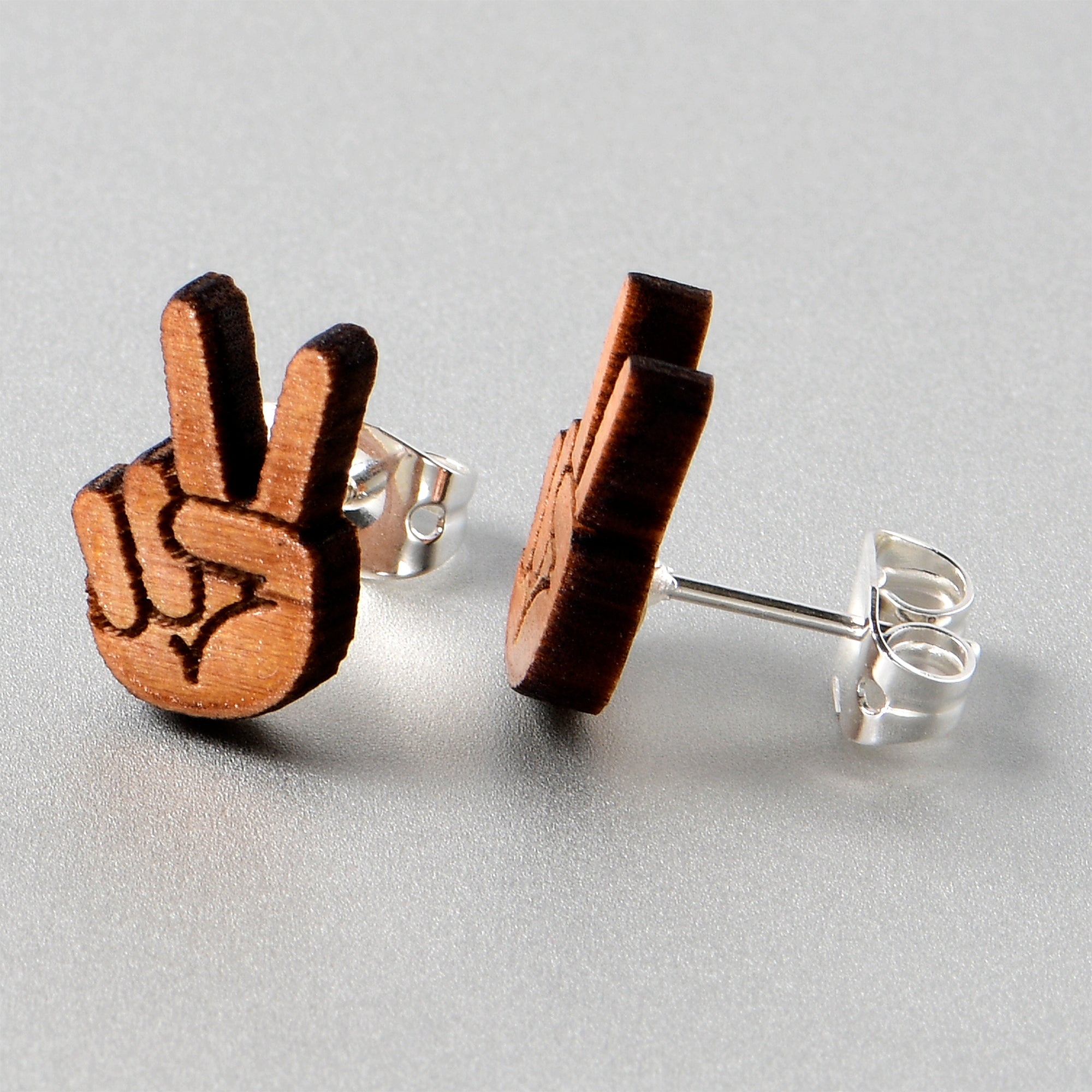 Natural Maple Wood Peace Sign Fingers Stud Earrings