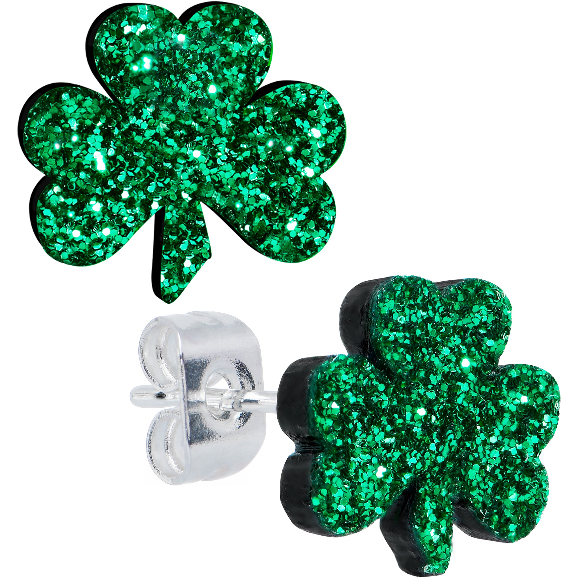 Stainless Steel Post Green Glitter Shamrock St Patricks Stud Earrings