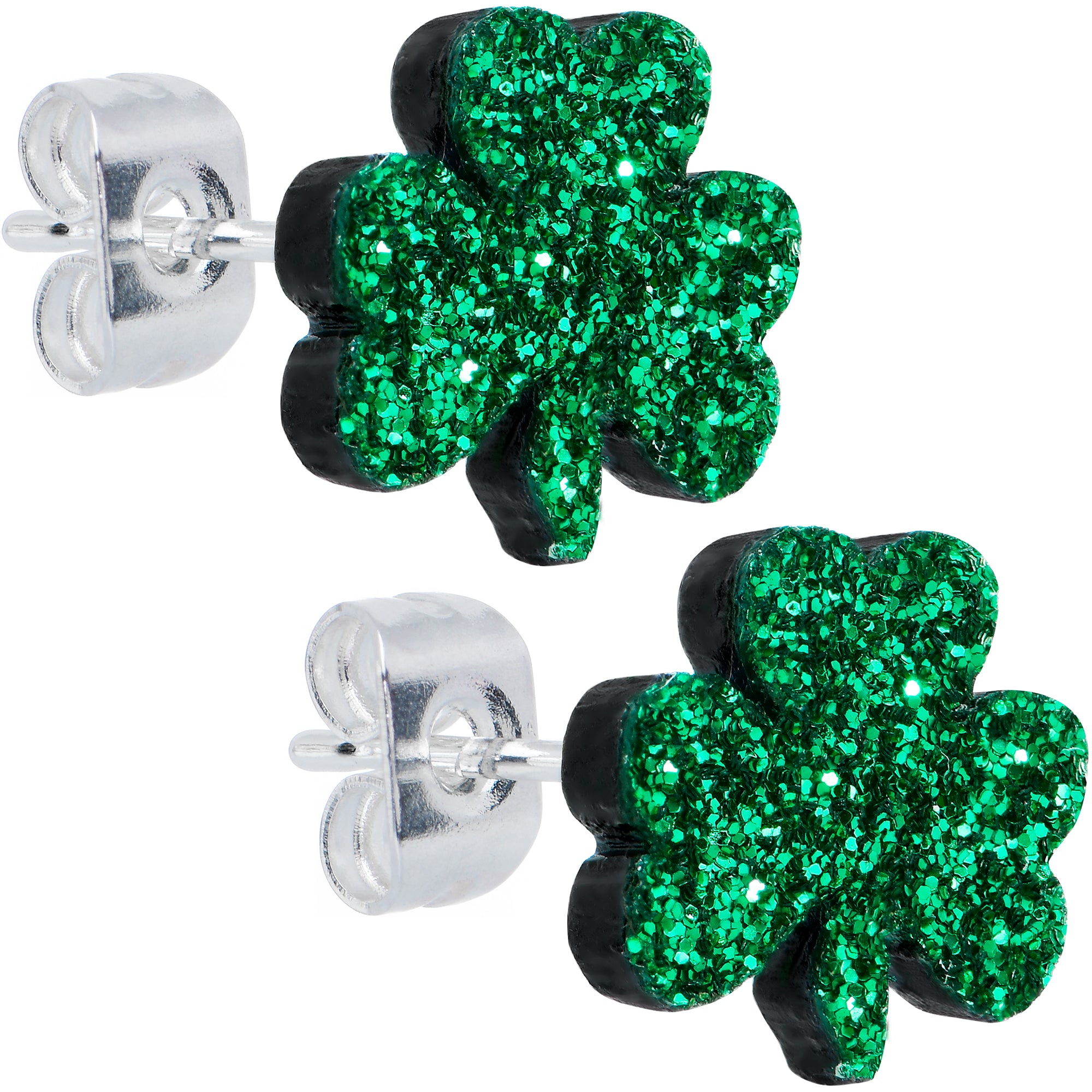 Stainless Steel Post Green Glitter Shamrock St Patricks Stud Earrings