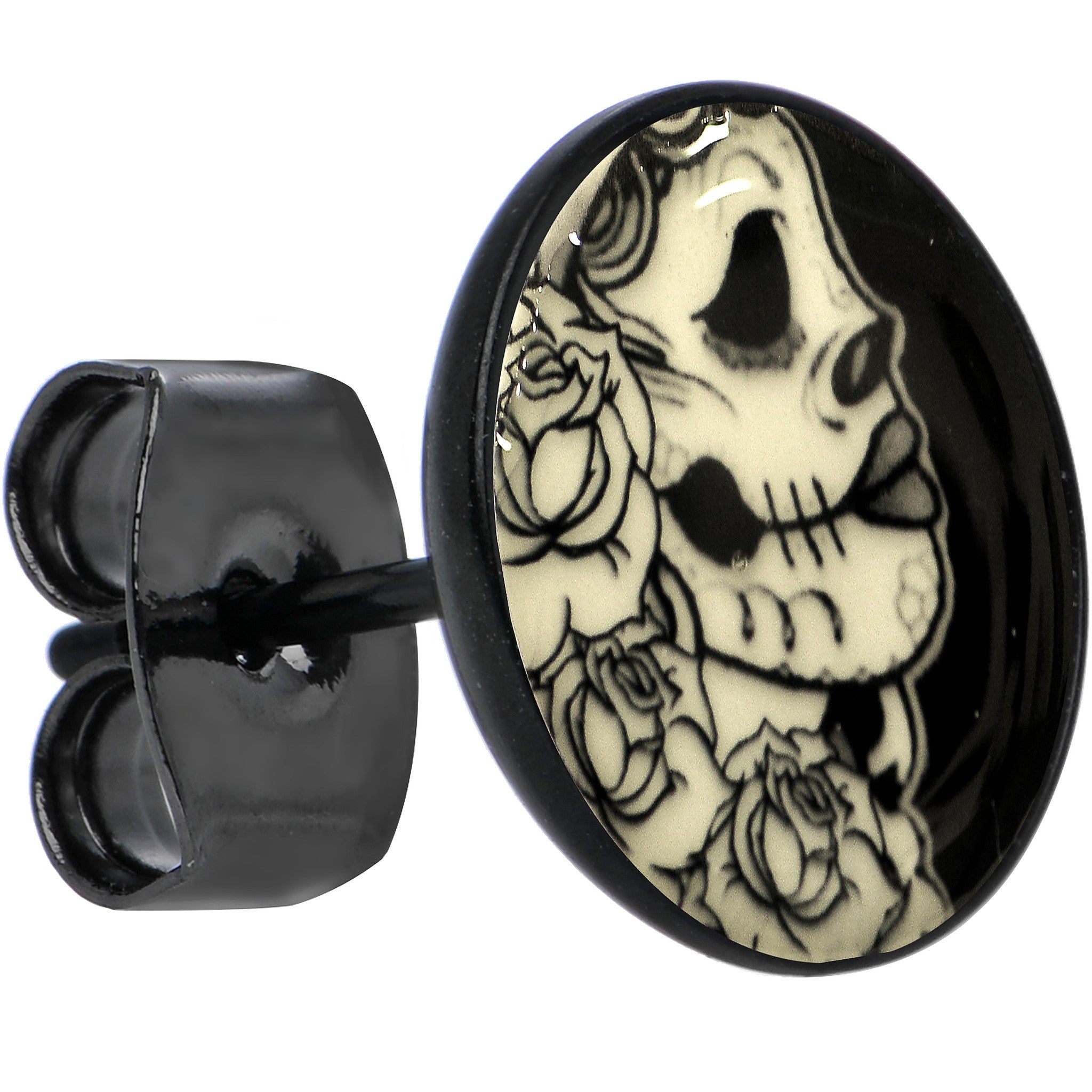 Black Anodized Gothic Rose Flower Skull Glow in the Dark Stud Earrings