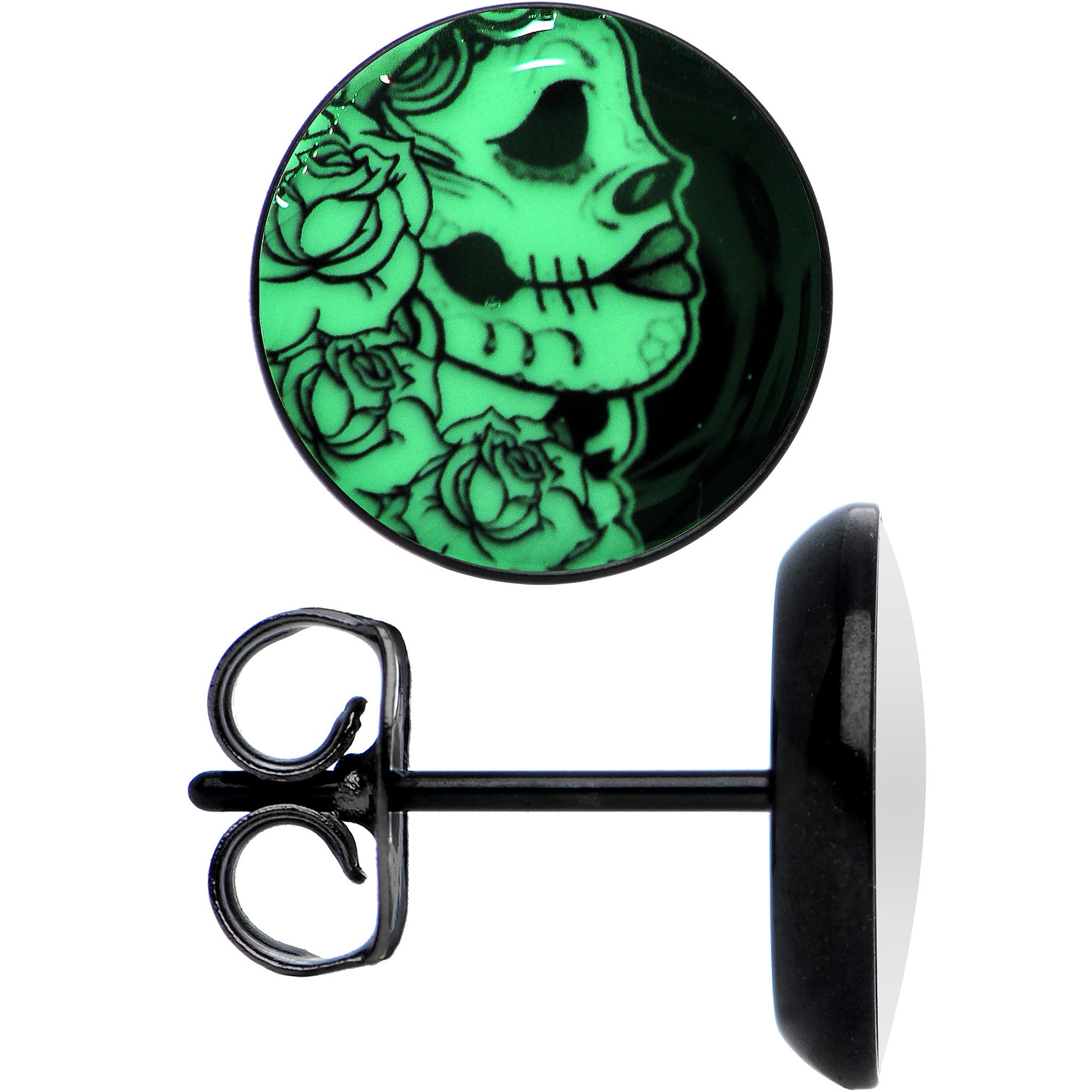 Black Anodized Gothic Rose Flower Skull Glow in the Dark Stud Earrings