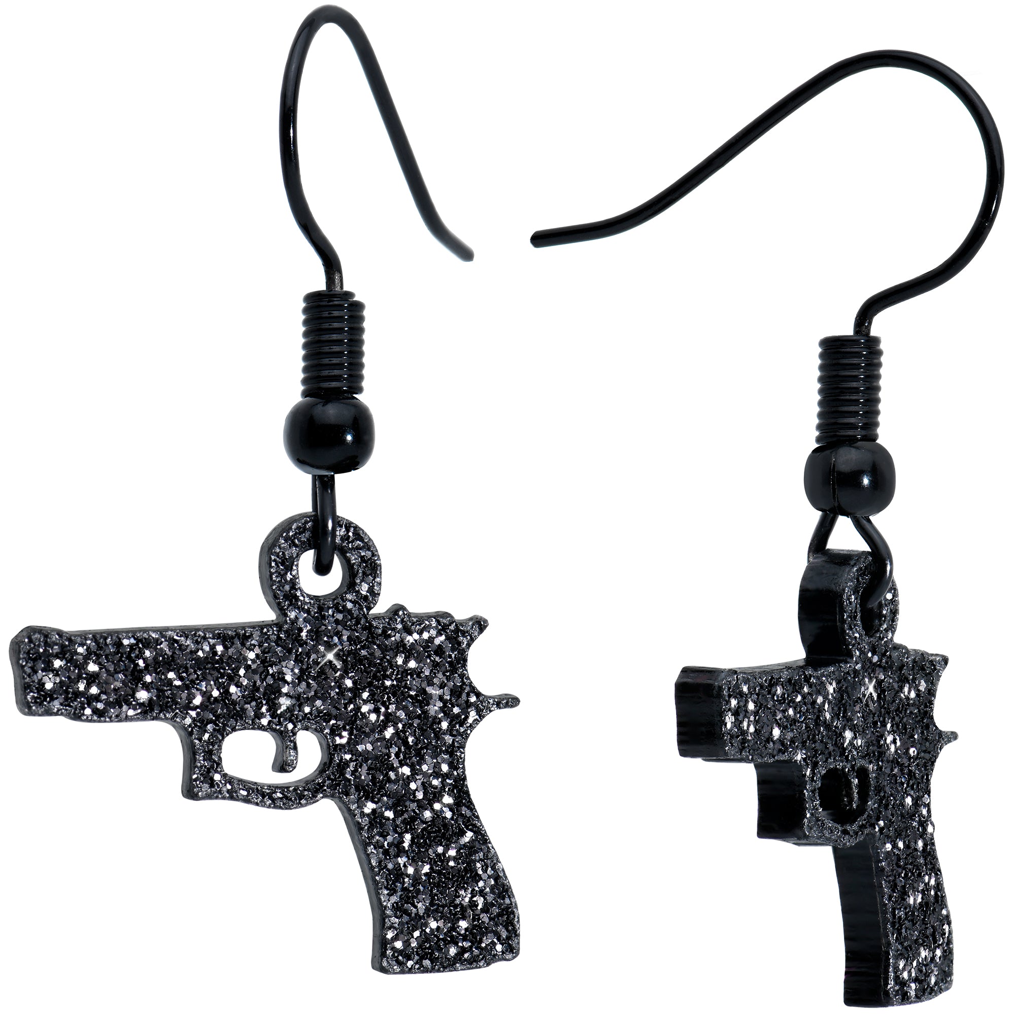 Black Glitter Gun Fishhook Dangle Earrings