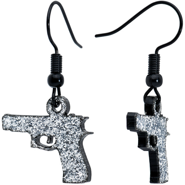 Black Glitter Gun Fishhook Dangle Earrings - Brass Earrings Dangle - Body Candy