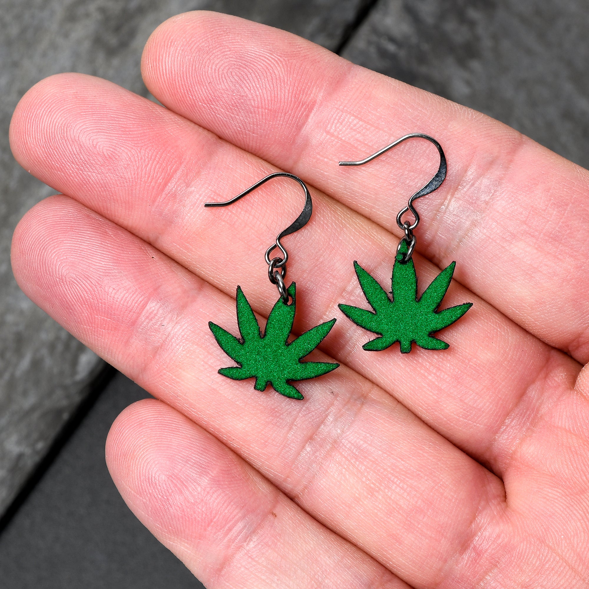 Green Marijuana Pot Leaf Dangle Earrings