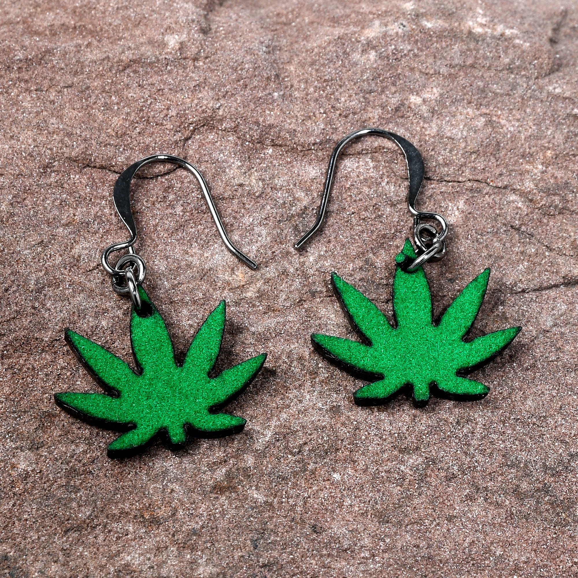 Green Marijuana Pot Leaf Dangle Earrings