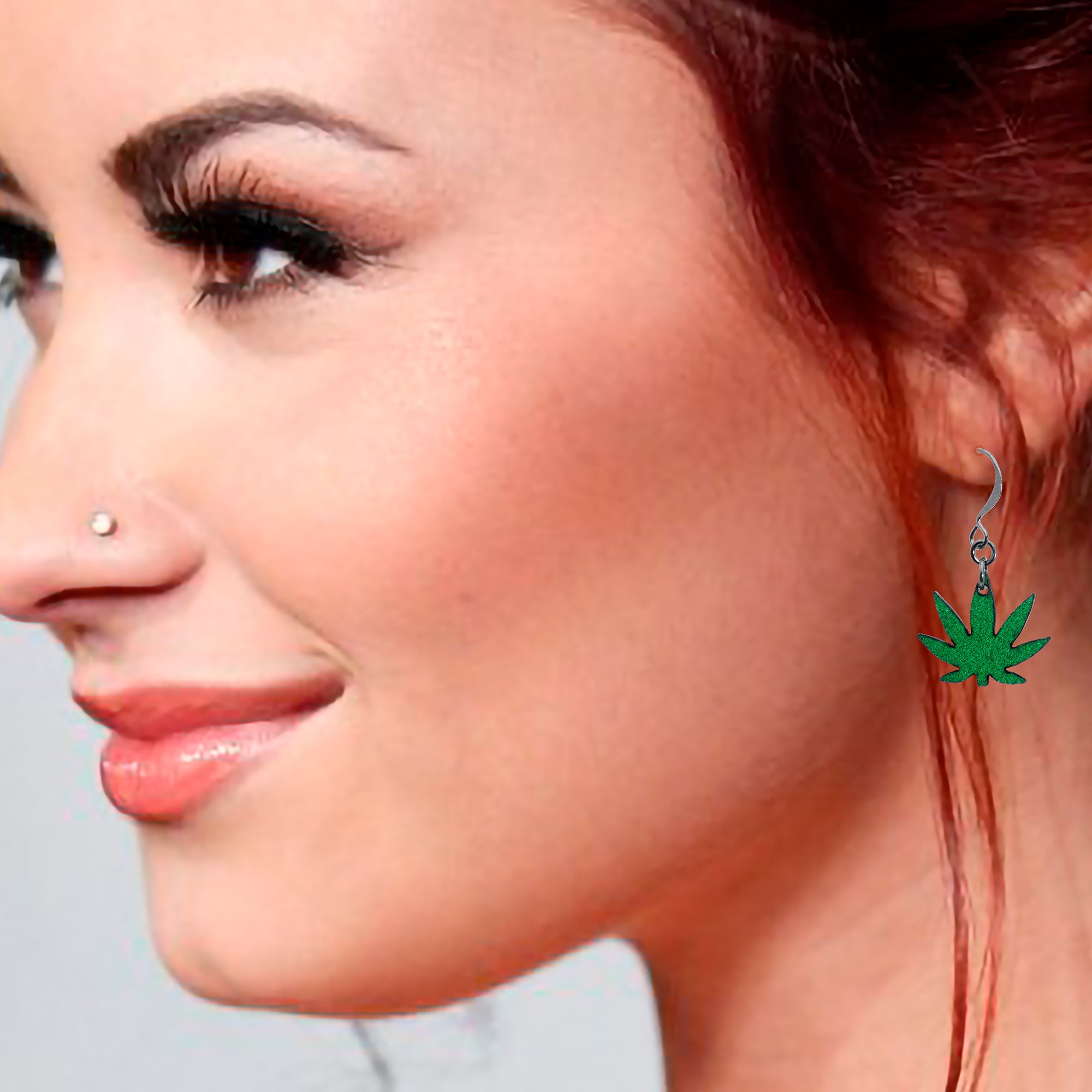 Green Marijuana Pot Leaf Dangle Earrings