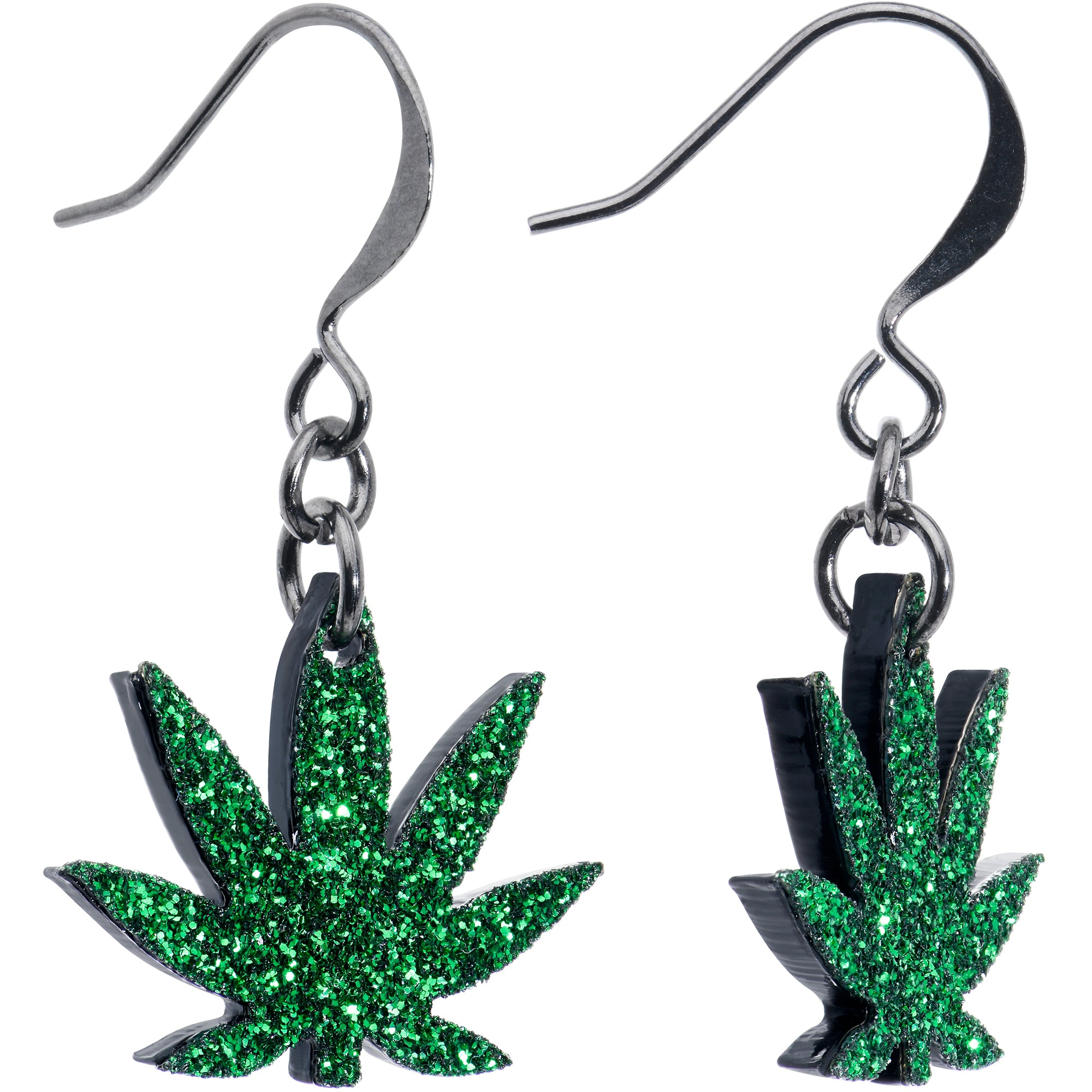 Green Glitter Marijuana Pot Leaf Dangle Earrings