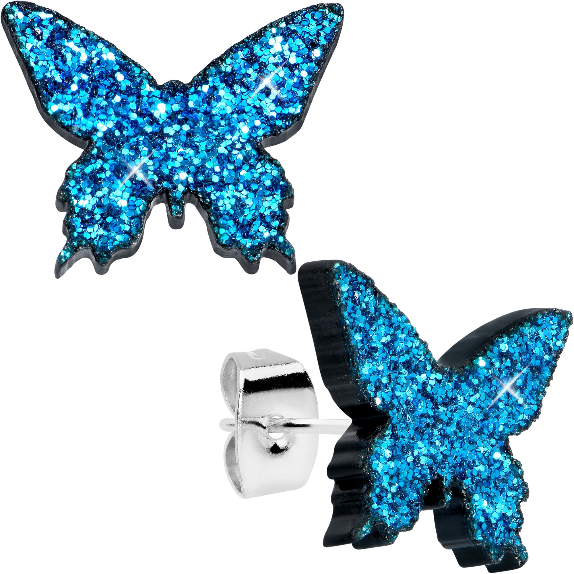 Blue Glitter Butterfly Stud Earring Set