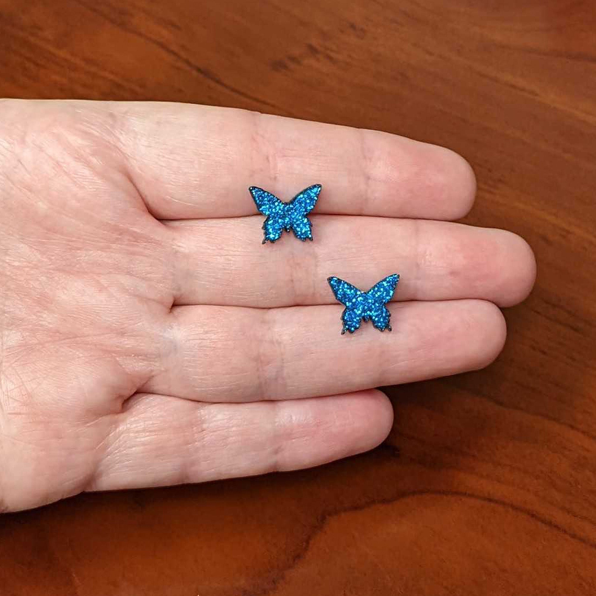 Blue Glitter Butterfly Stud Earring Set