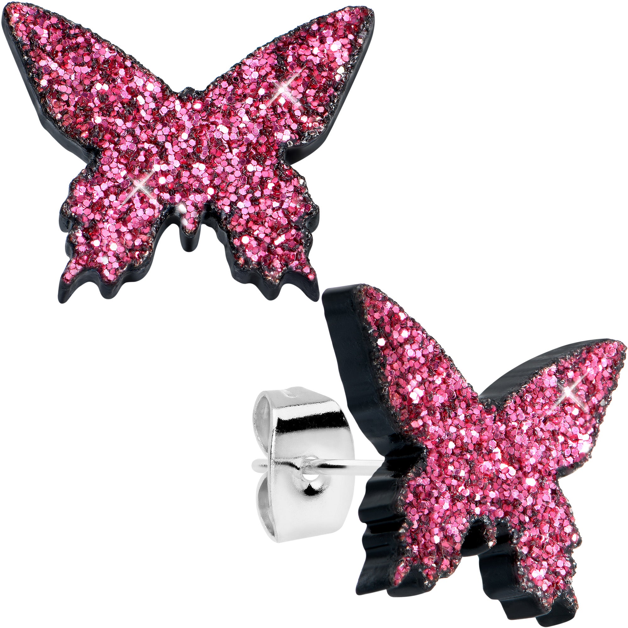 Pink Glitter Butterfly Stud Earring Set