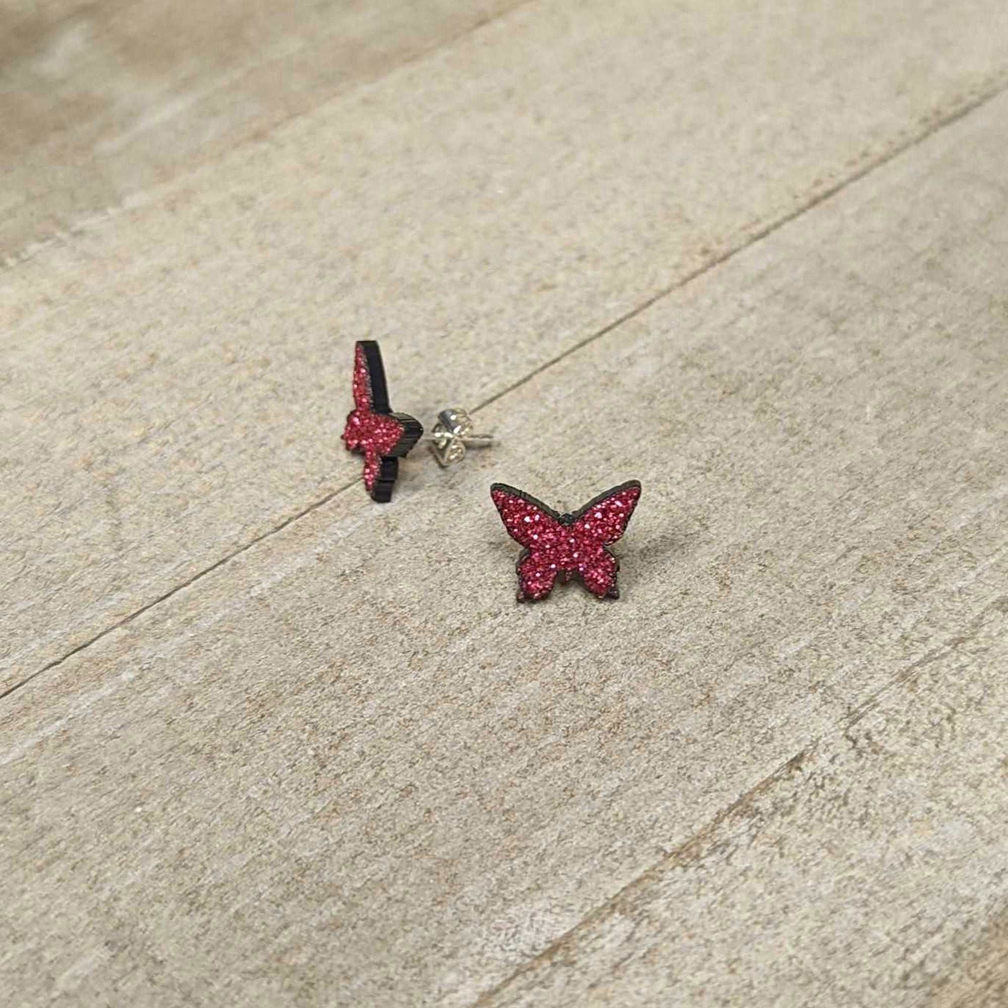 Pink Glitter Butterfly Stud Earring Set