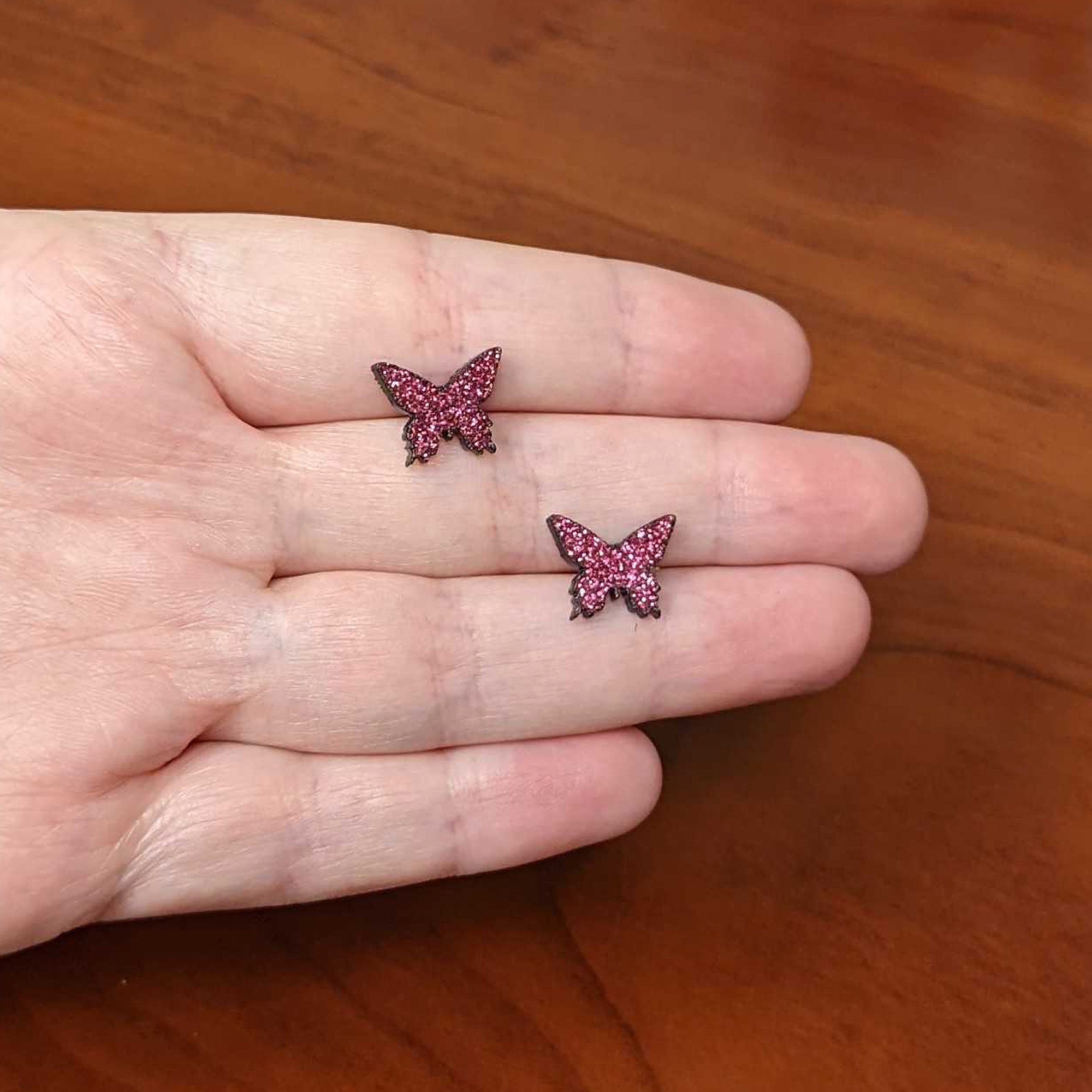 Pink Glitter Butterfly Stud Earring Set