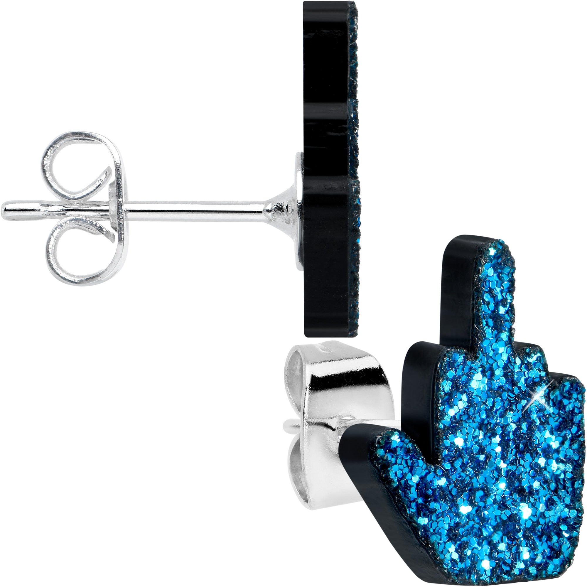 Blue Glitter Middle Finger Stud Earrings Set