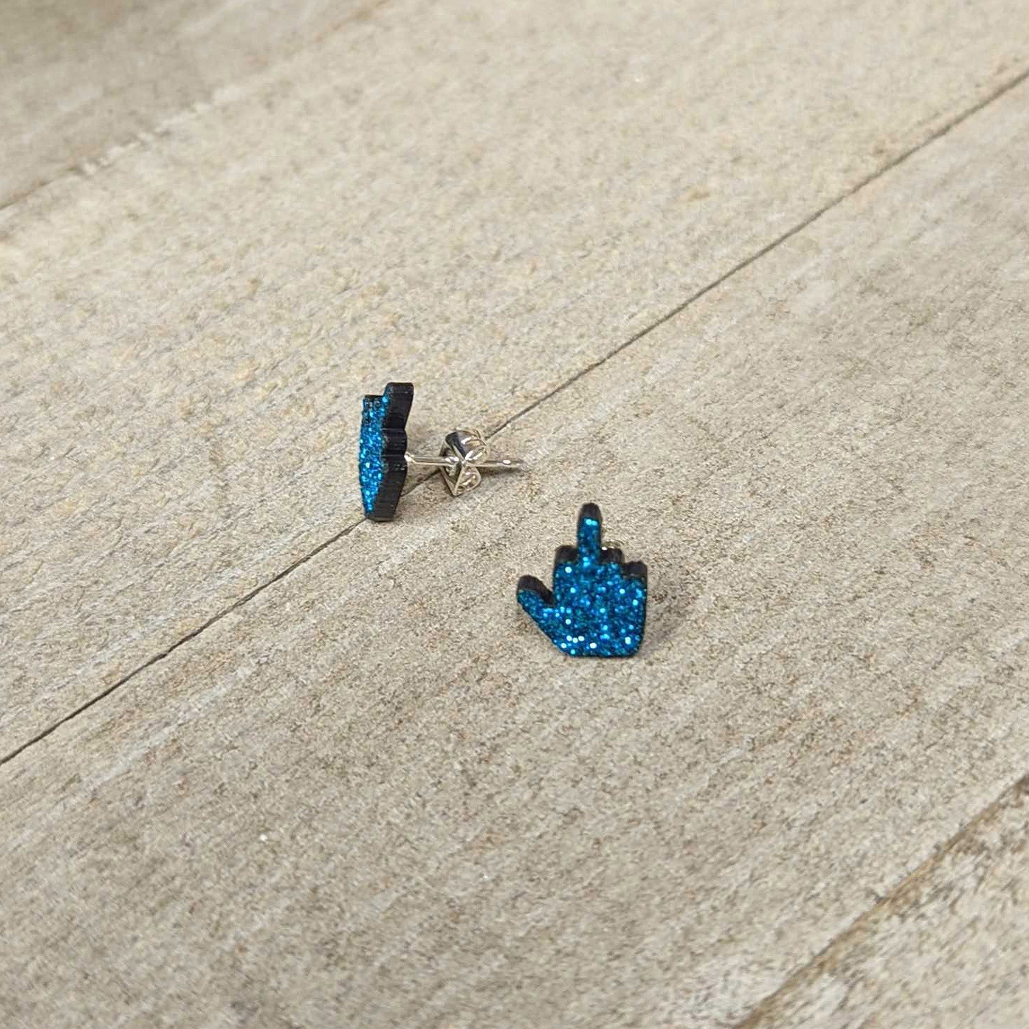 Blue Glitter Middle Finger Stud Earrings Set