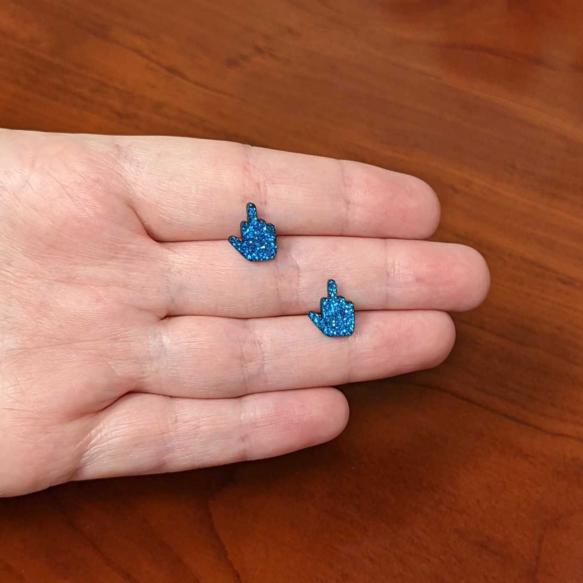 Blue Glitter Middle Finger Stud Earrings Set