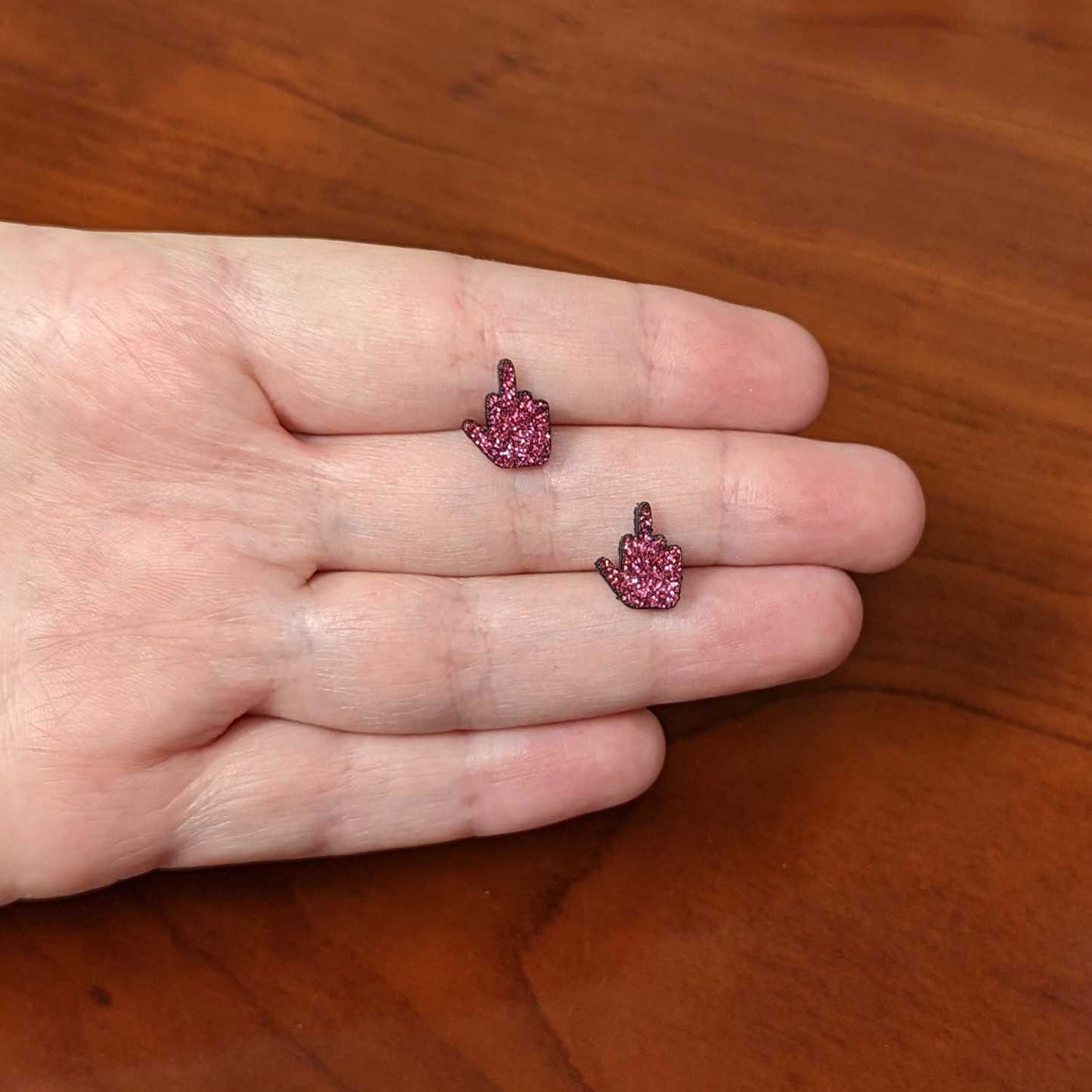 Pink Glitter Middle Finger Stud Earrings Set - Stainless Steel Earrings Stud - Body Candy