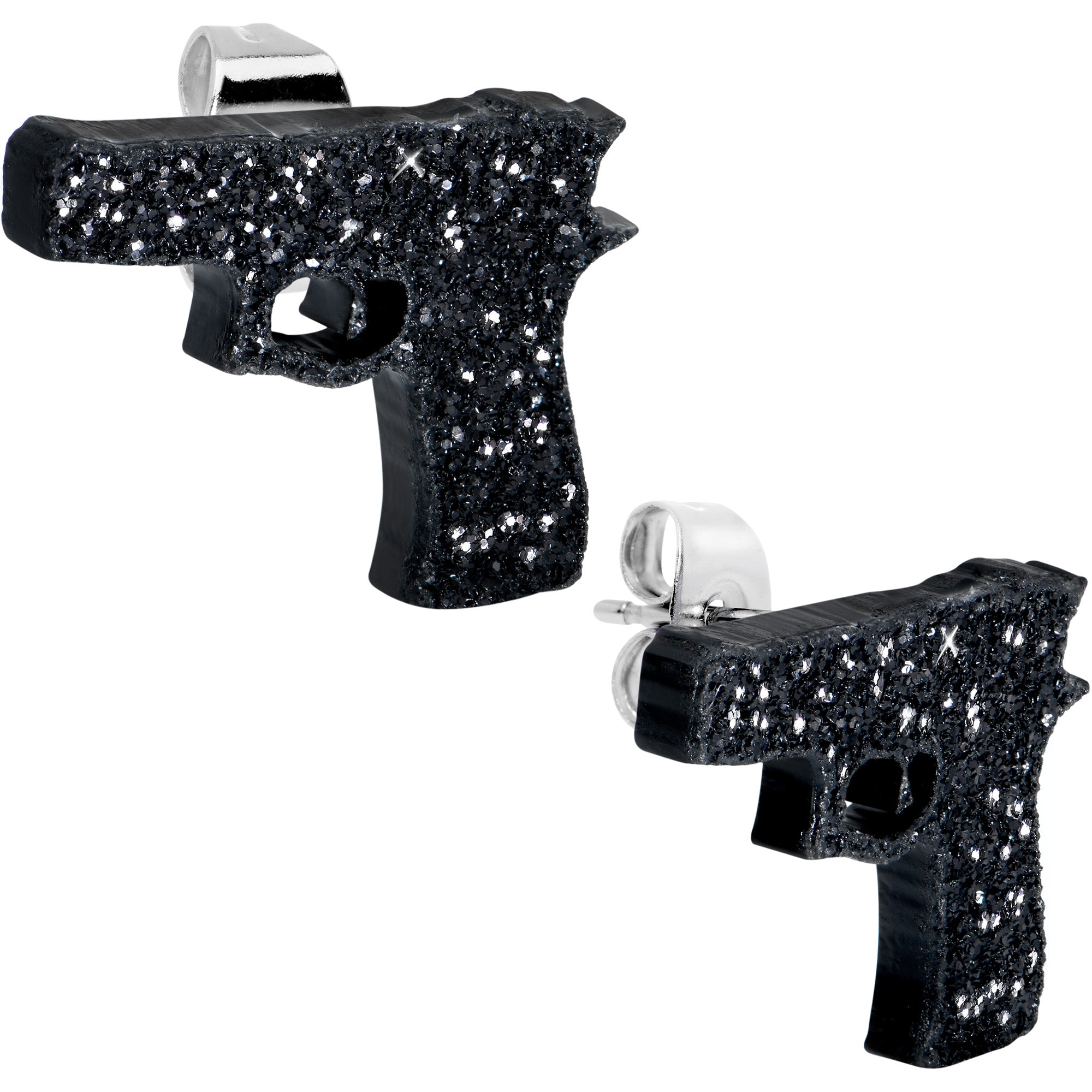 Black Glitter Gun Stud Earrings Set