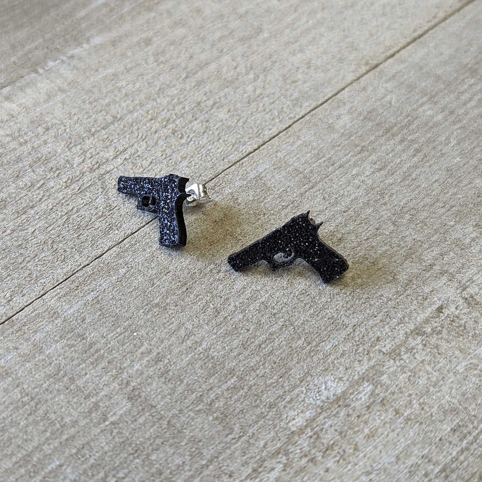 Black Glitter Gun Stud Earrings Set