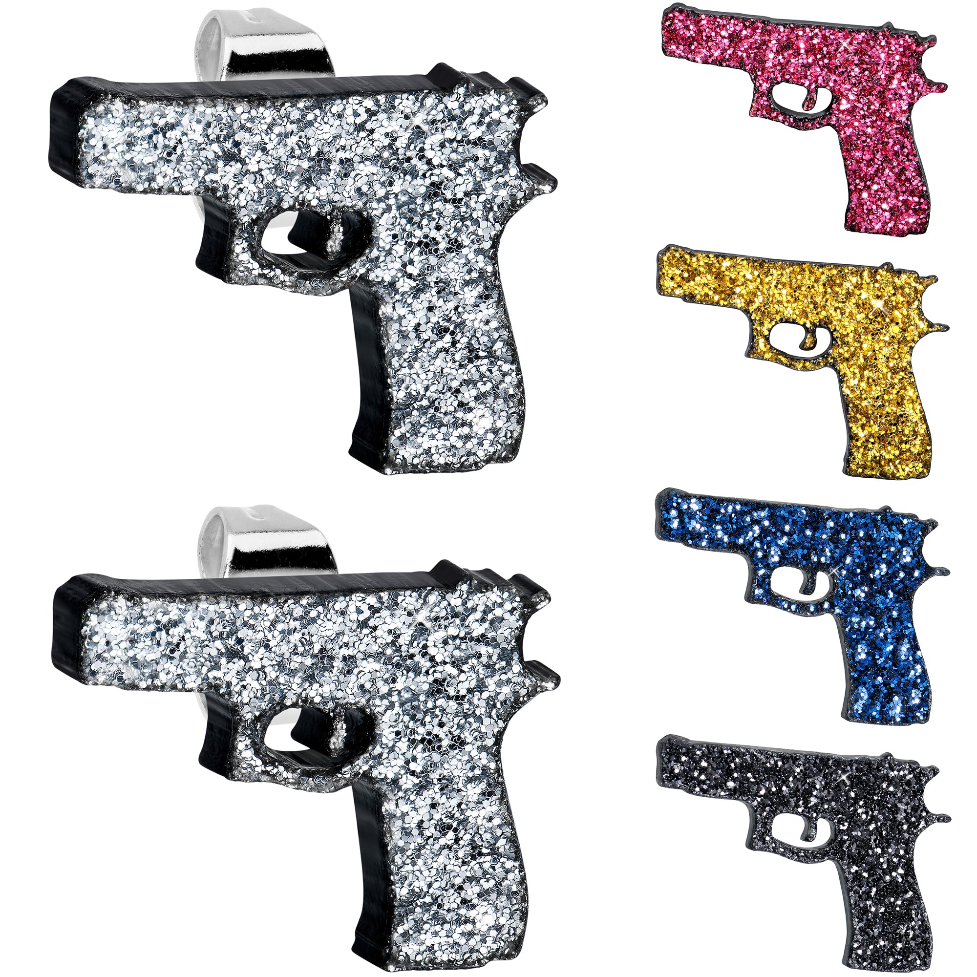 Black Glitter Gun Stud Earrings Set