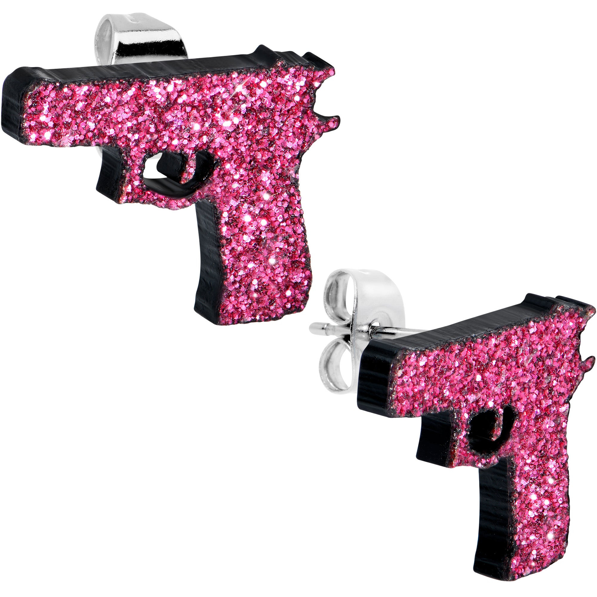 Pink Glitter Gun Stud Earrings Set