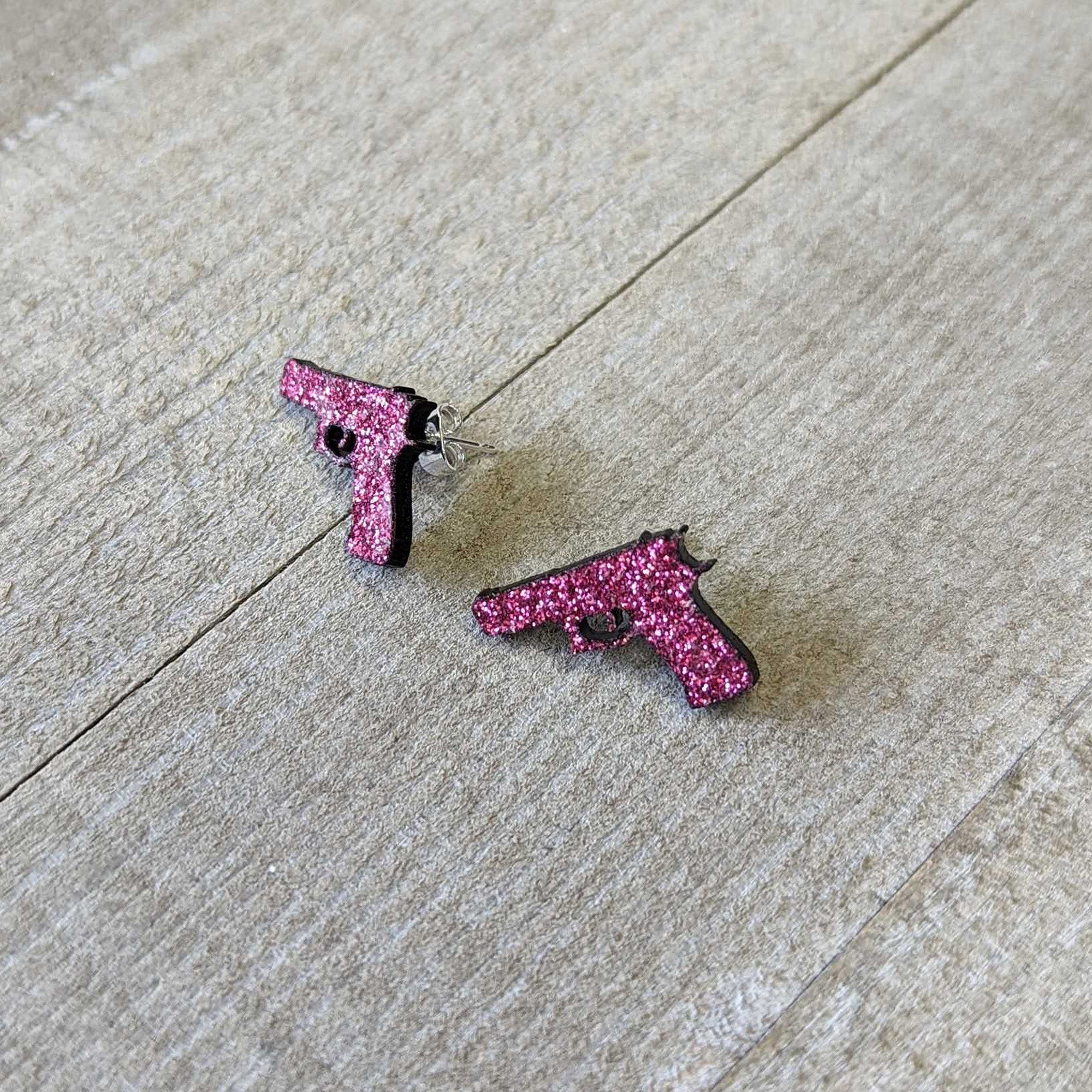 Pink Glitter Gun Stud Earrings Set