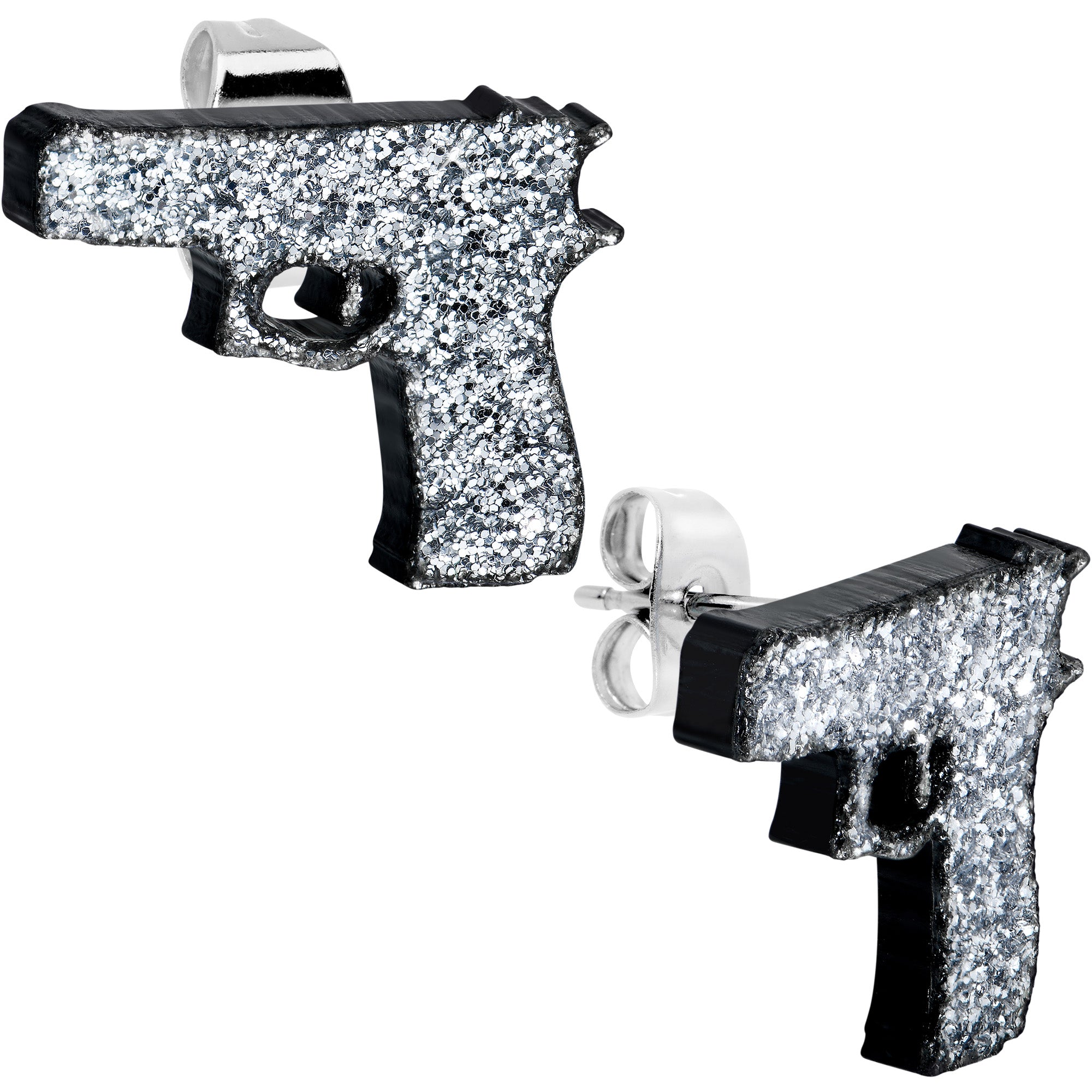 Silver Glitter Gun Stud Earrings Set