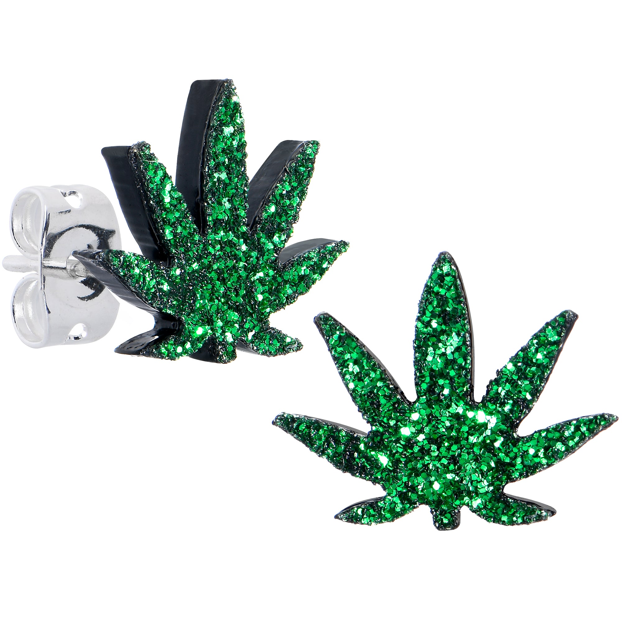 Green Glitter Marijuana Pot Leaf Stud Earrings