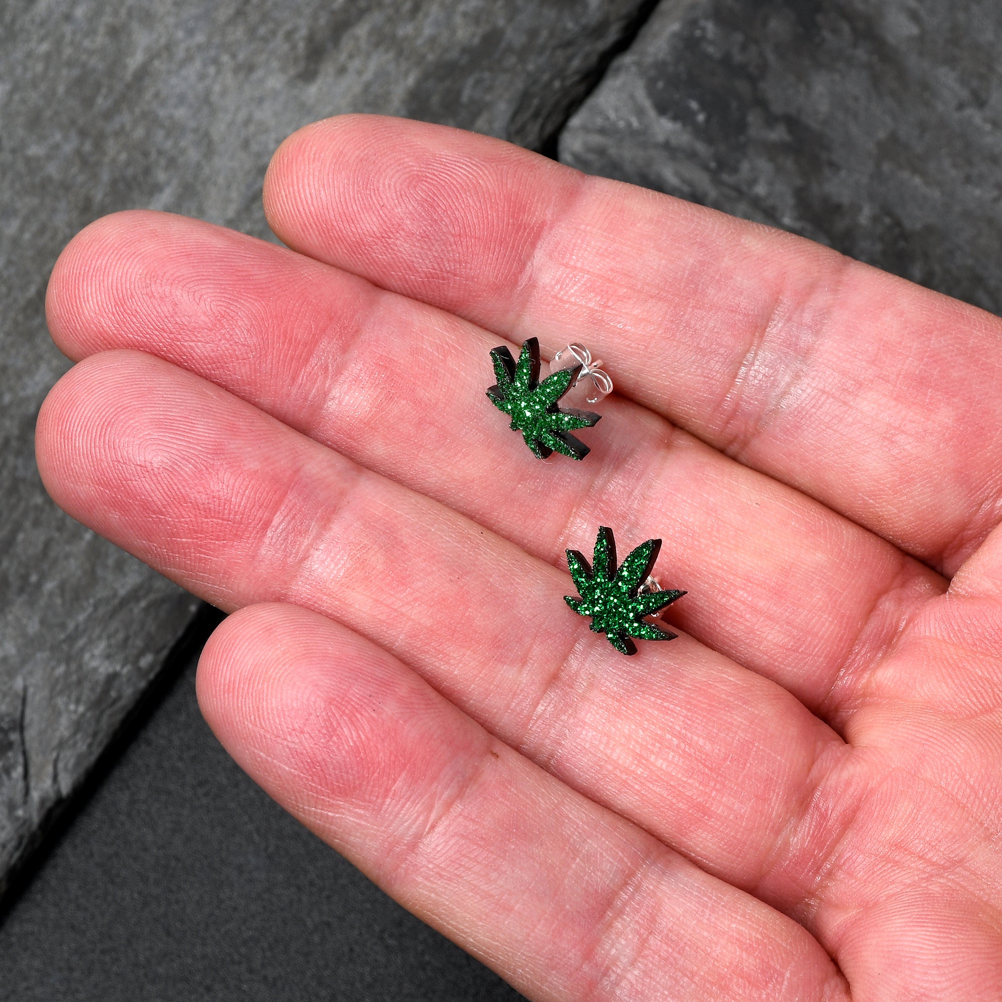 Green Glitter Marijuana Pot Leaf Stud Earrings