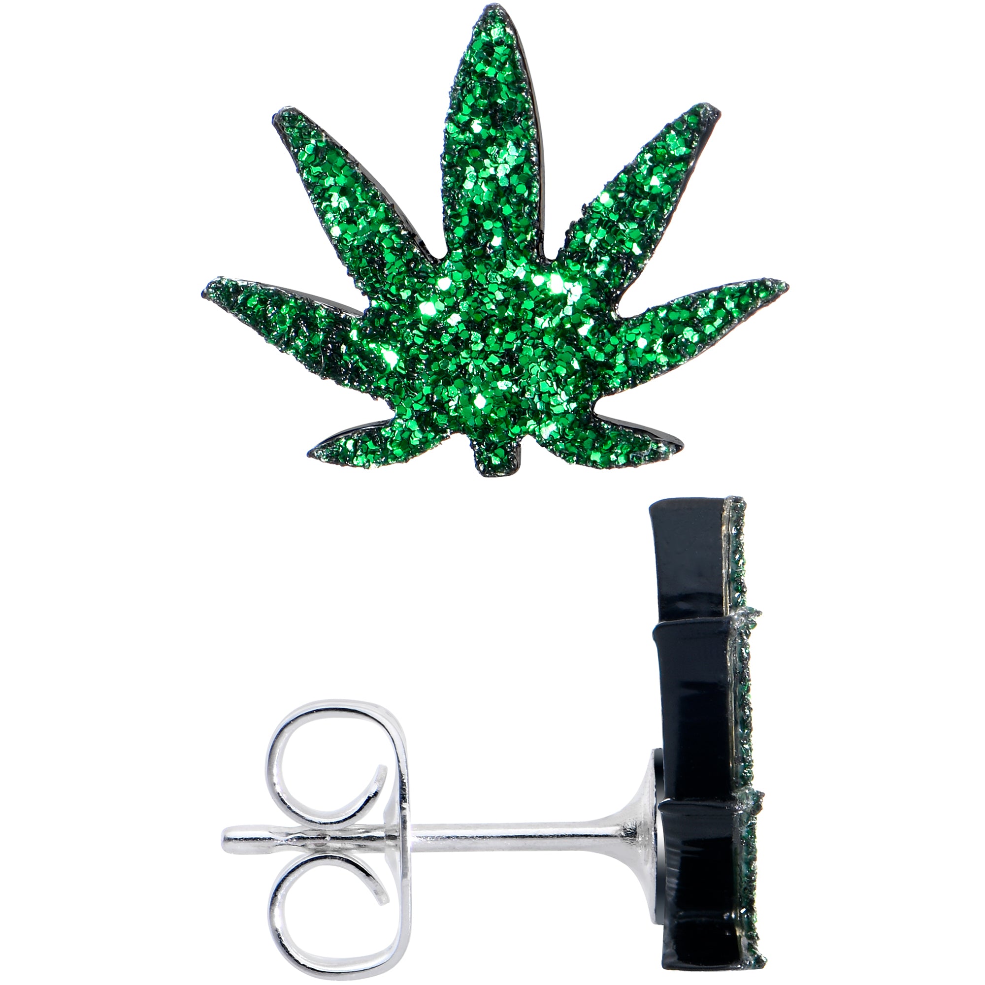 Green Glitter Marijuana Pot Leaf Stud Earrings