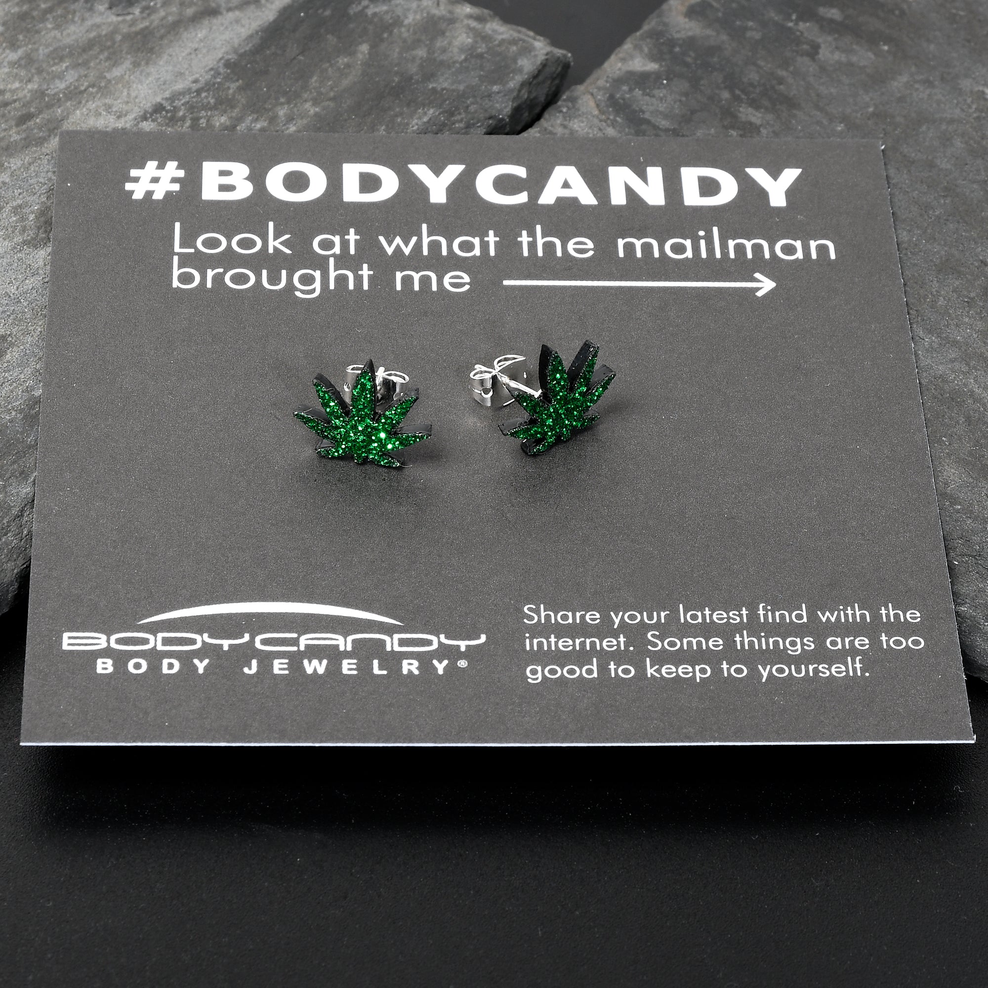 Green Glitter Marijuana Pot Leaf Stud Earrings