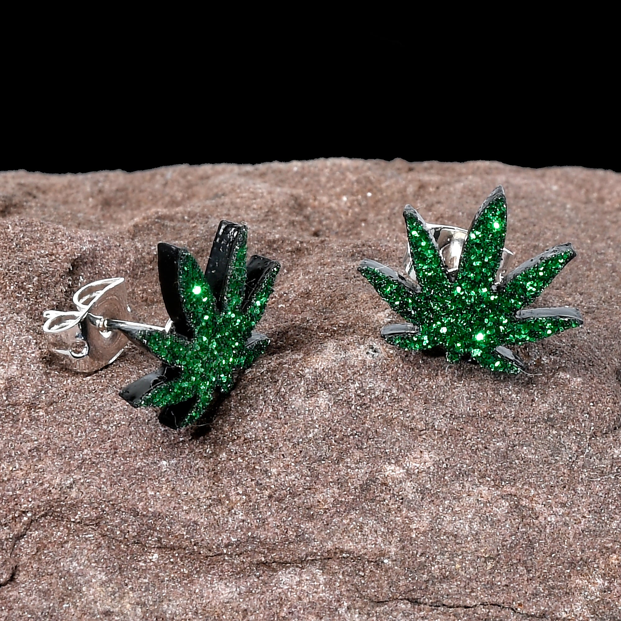 Green Glitter Marijuana Pot Leaf Stud Earrings