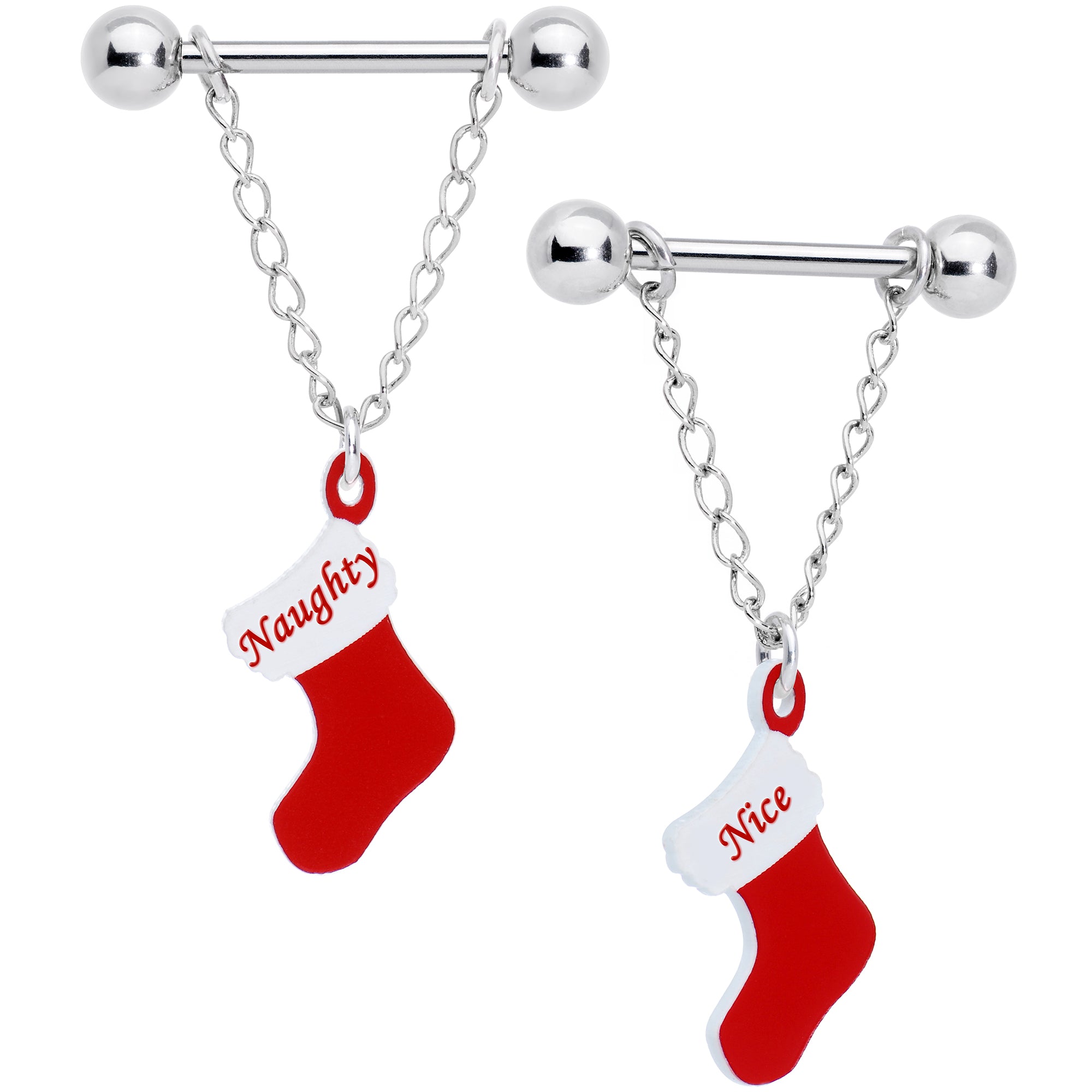 Handmade 14 Gauge 5/8 Naughty Nice Christmas Stocking Nipple Ring Set