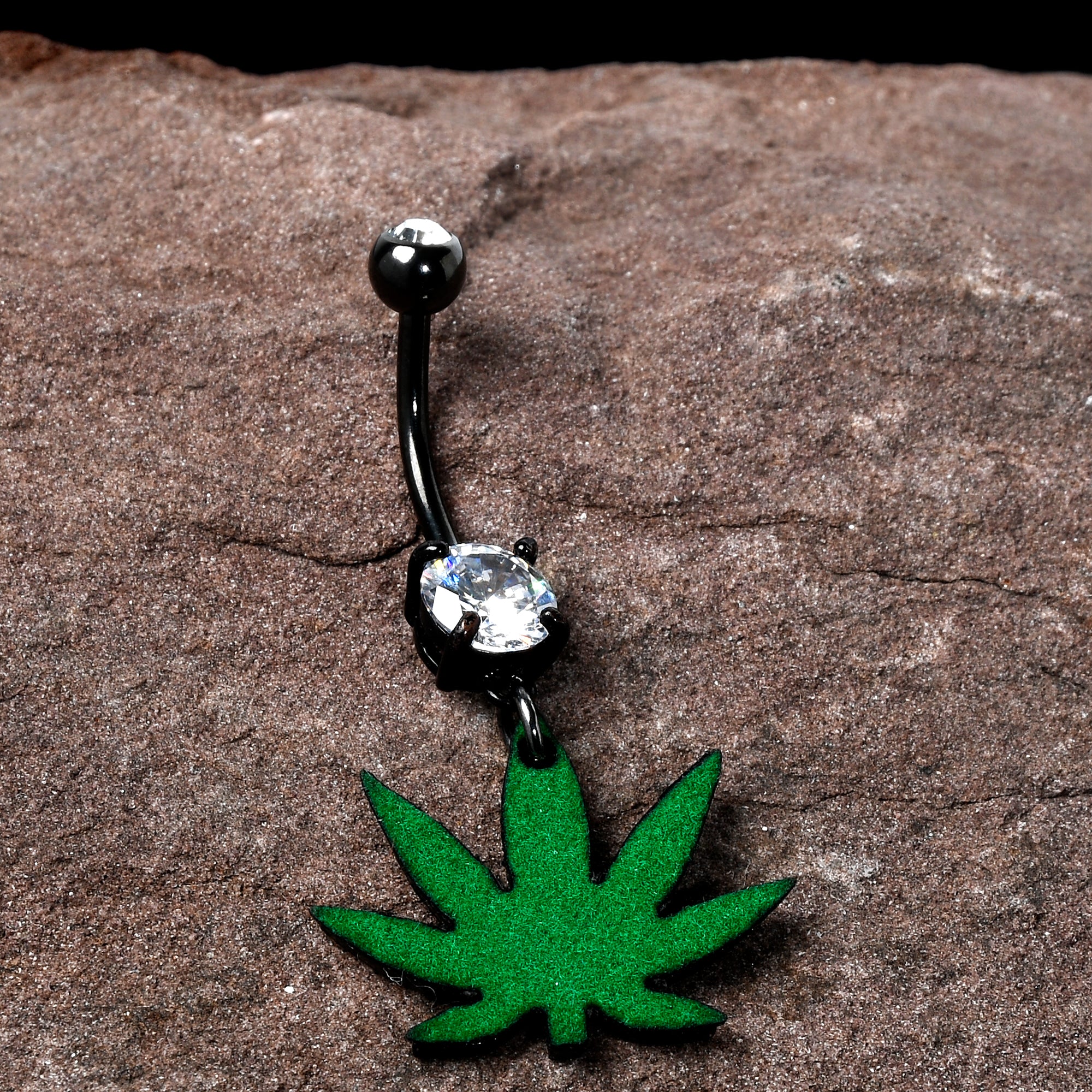 Double Gem Green Marijuana Pot Leaf Black Dangle Belly Ring