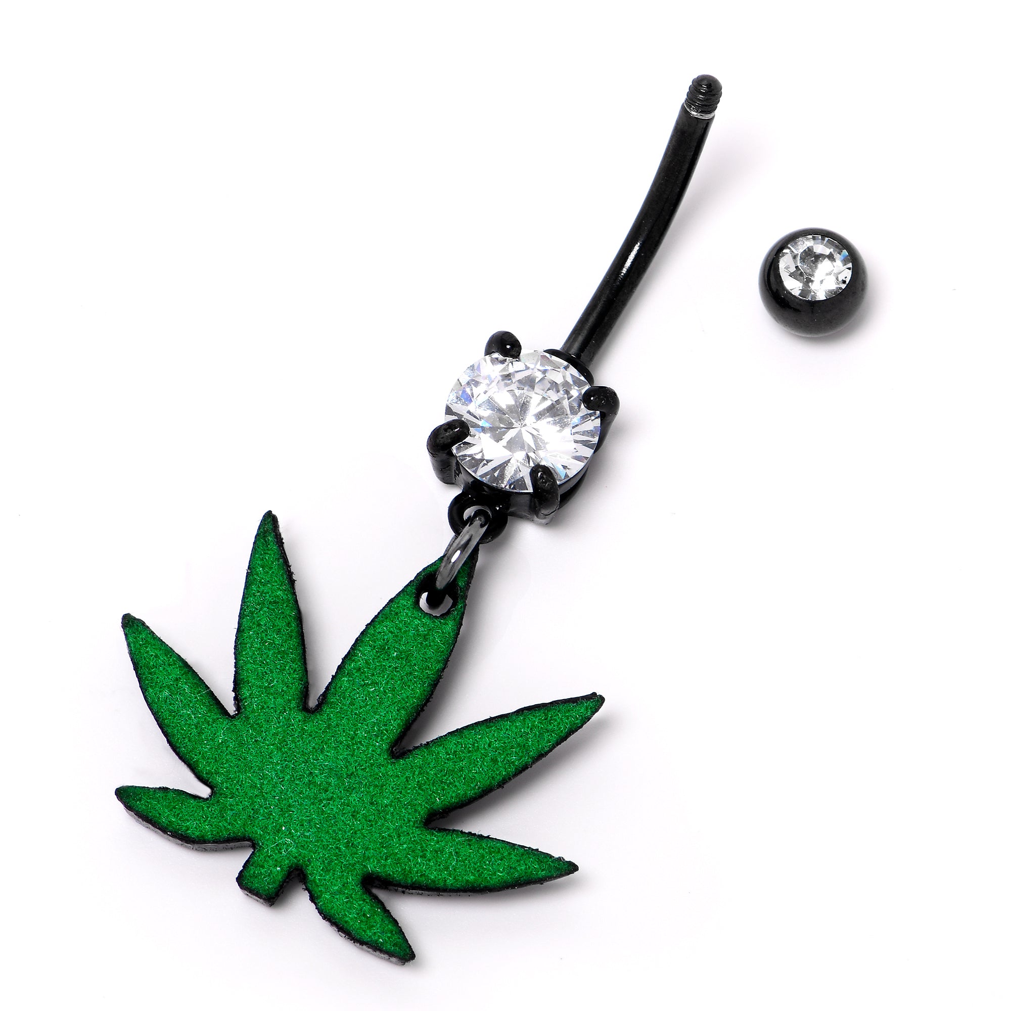 Double Gem Green Marijuana Pot Leaf Black Dangle Belly Ring