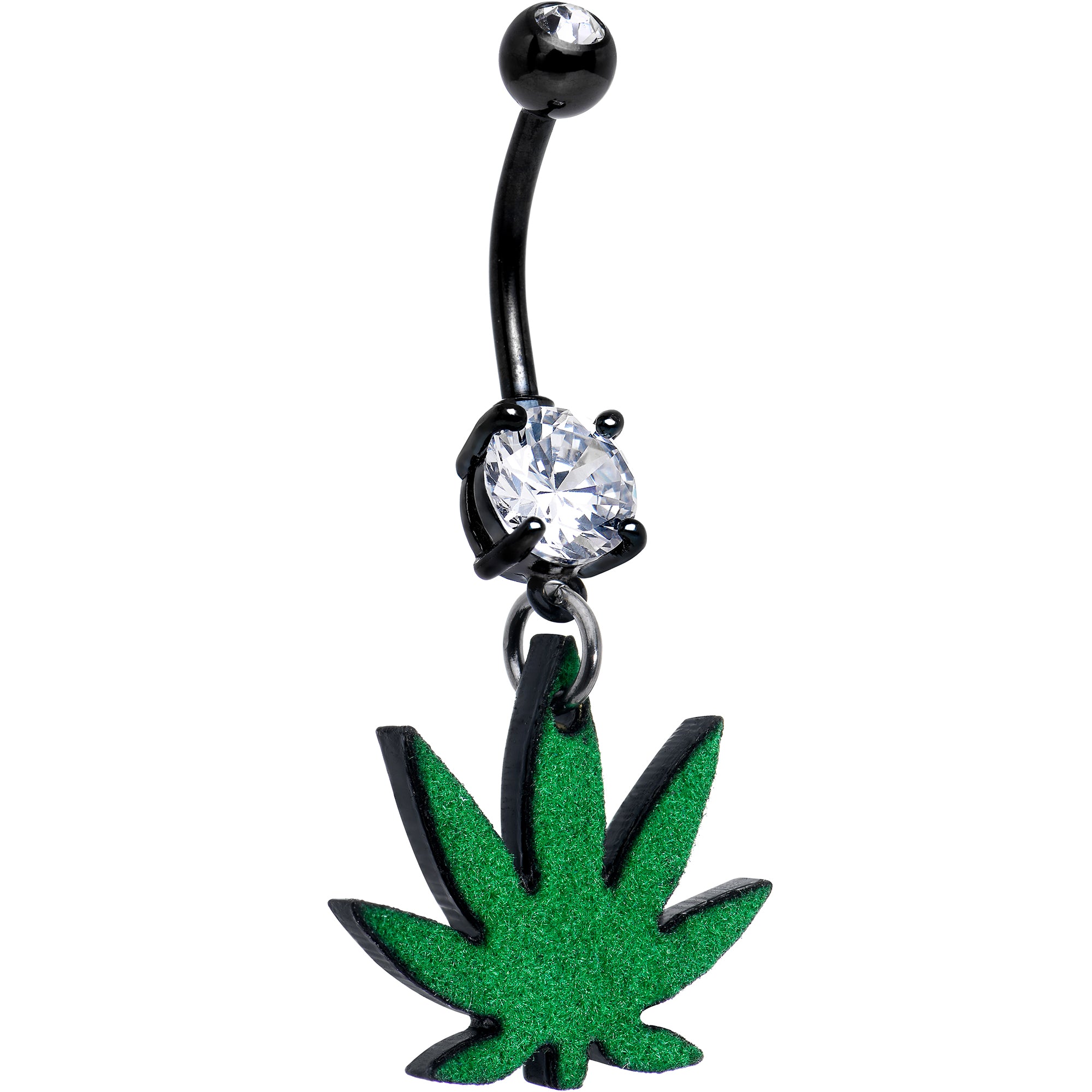 Double Gem Green Marijuana Pot Leaf Black Dangle Belly Ring