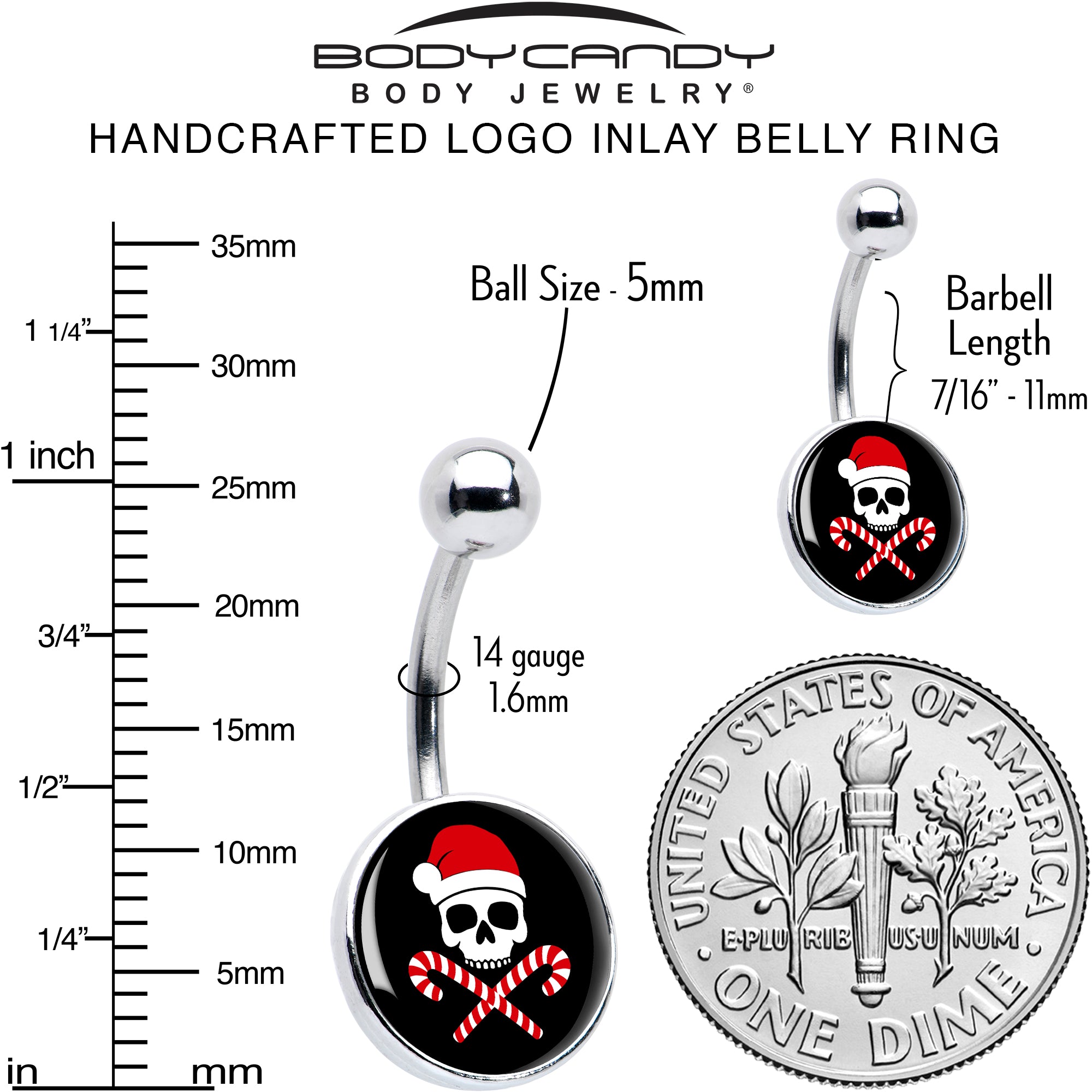 Santa Pirate Candy Cane Skull Belly Ring