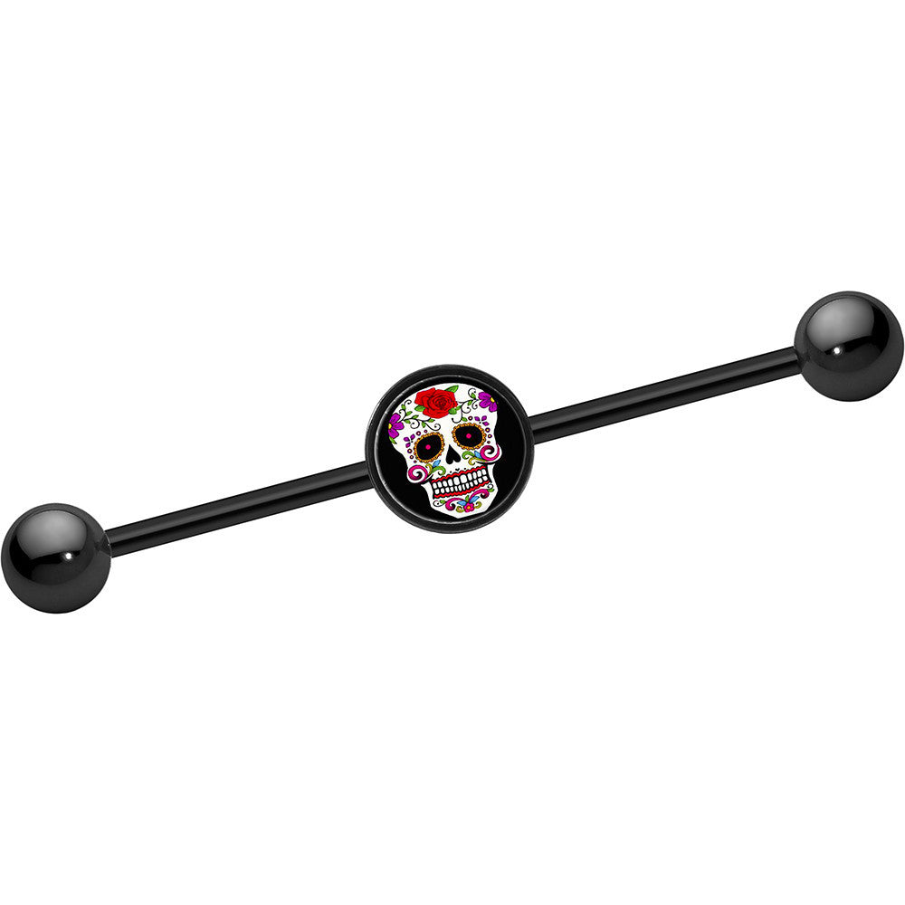 14 Gauge Black Anodized Sugar Skull Industrial Barbell 37mm